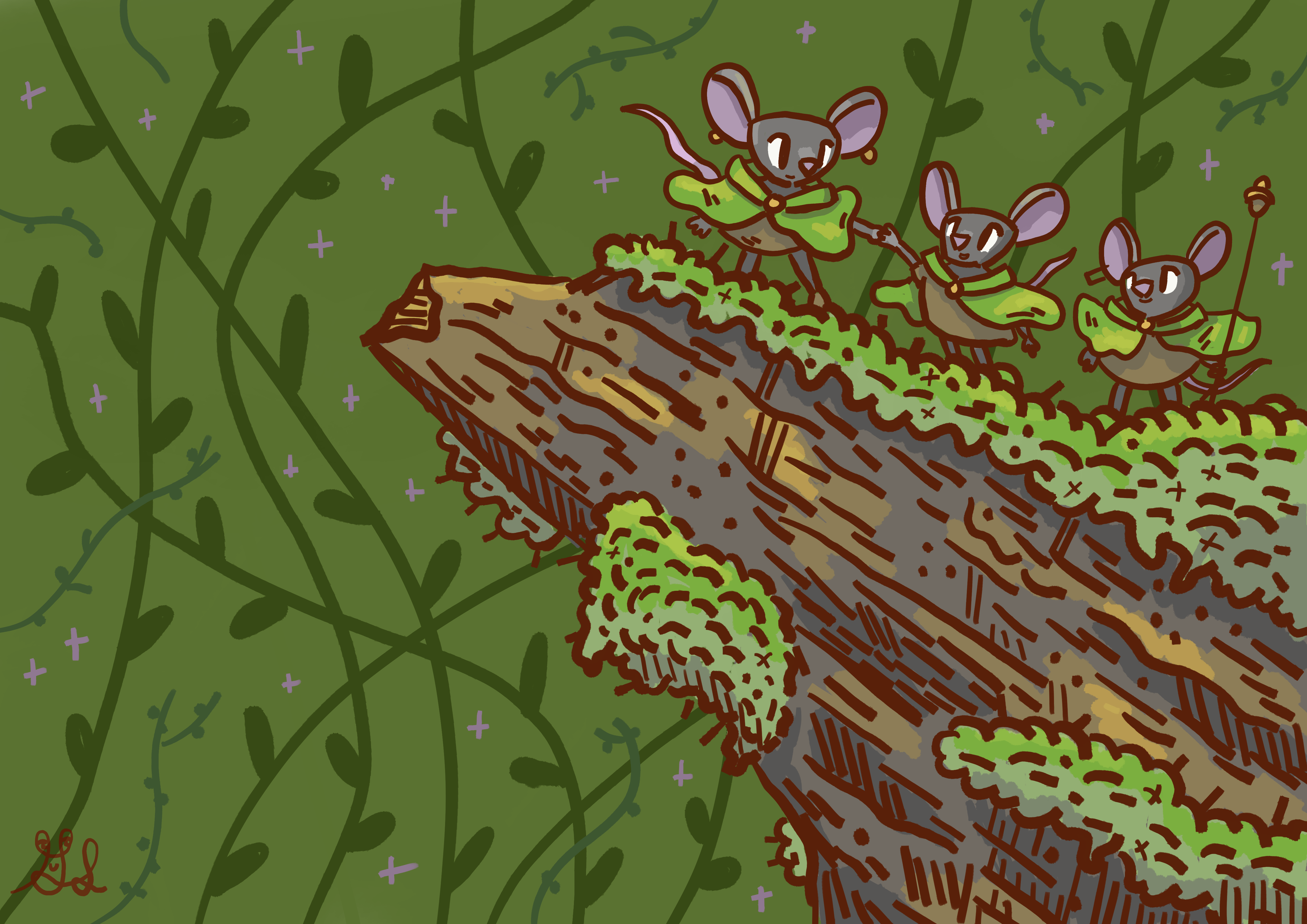 Three cloaked mice that are friends climb a big mossy log in the forest.