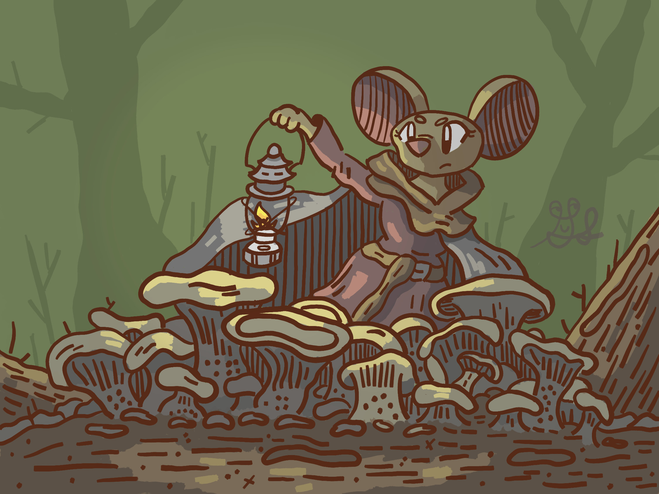 A cloaked mouse explores the woods for mushrooms. She has a lantern illuminating the woods and her face.
