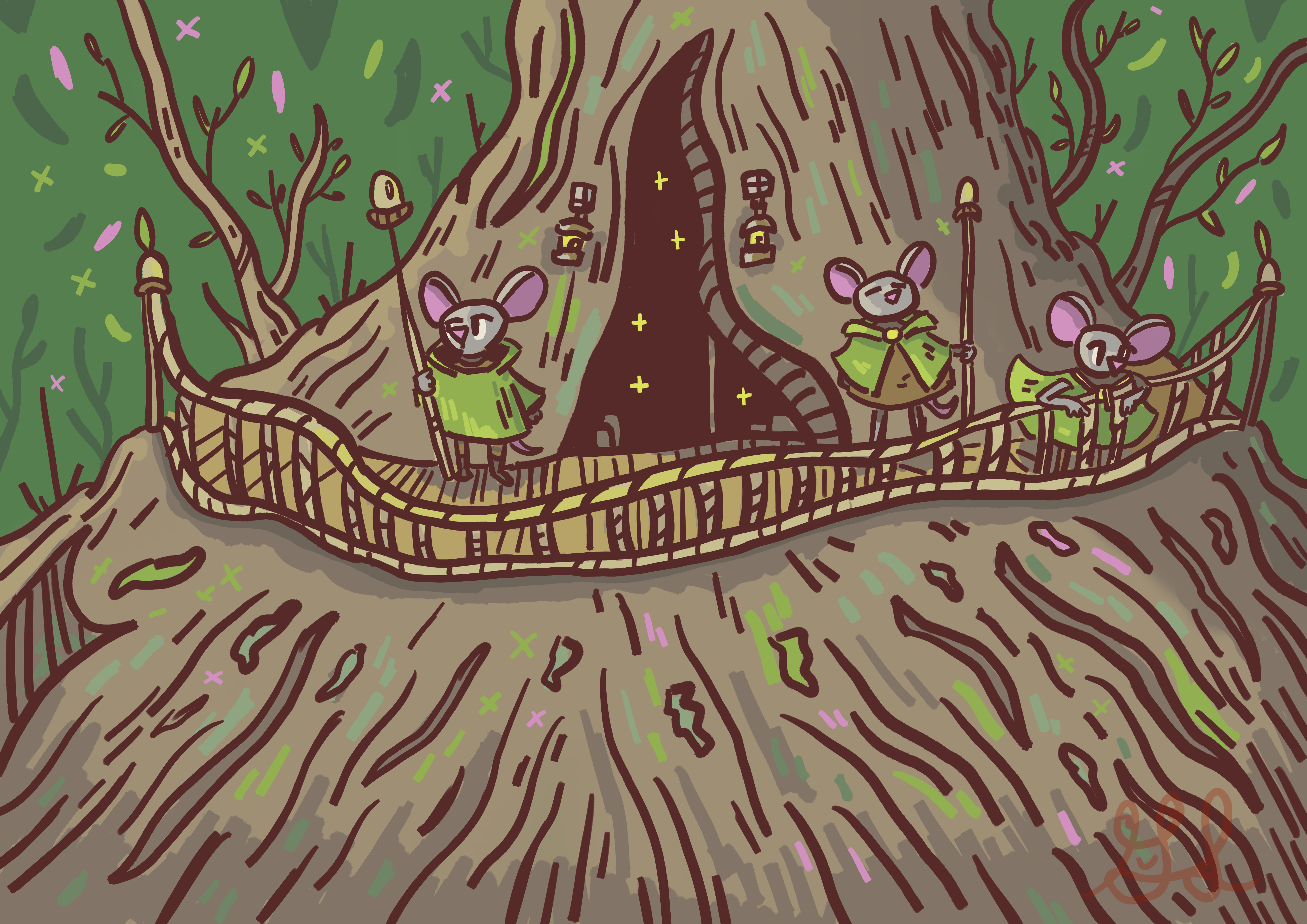 Tree cloaked mice are on a walkway to a treehouse. Two watch the door while one relaxes.
