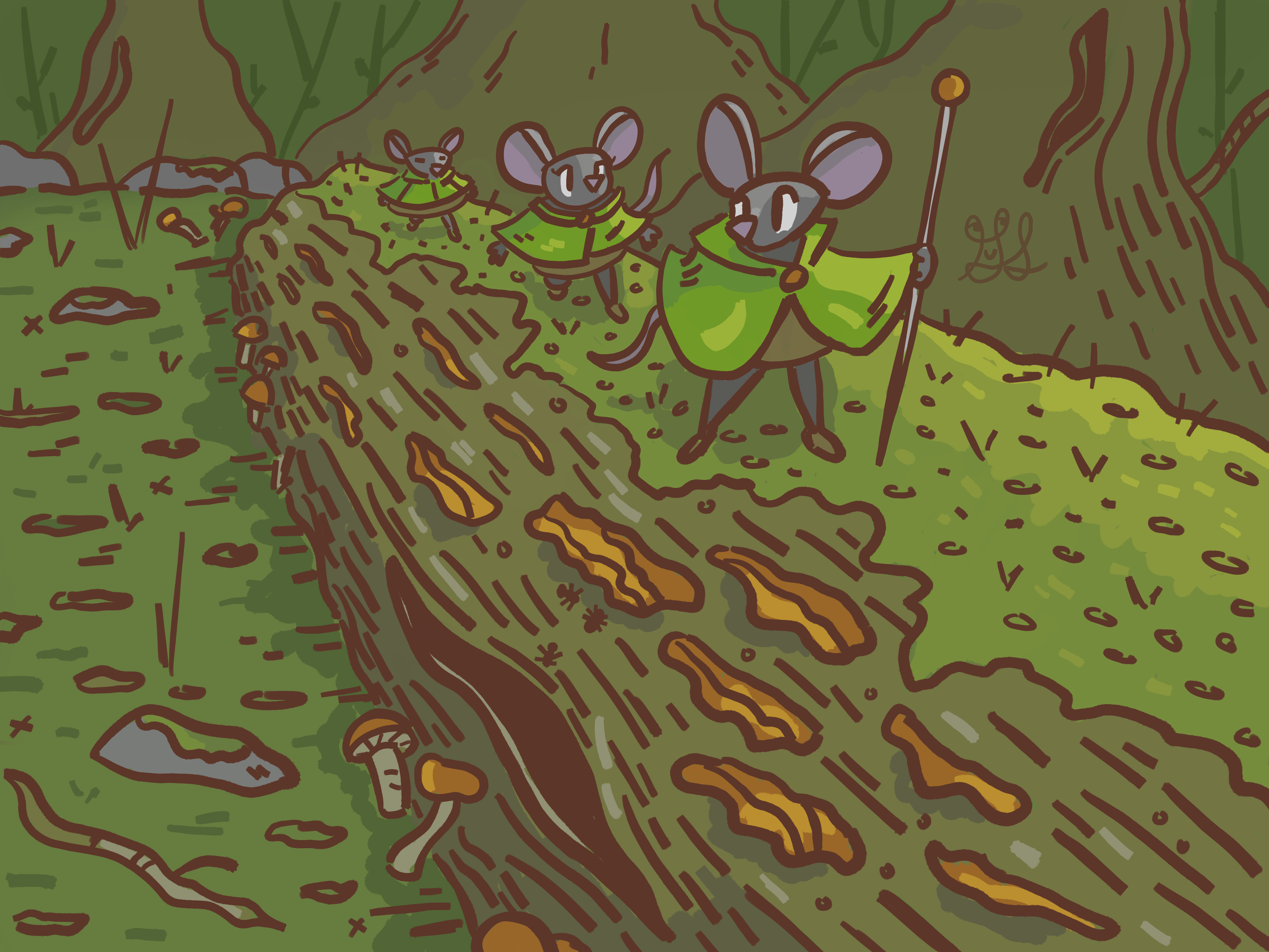 Tree clocked mice travel across a mossy mushroom covered log.