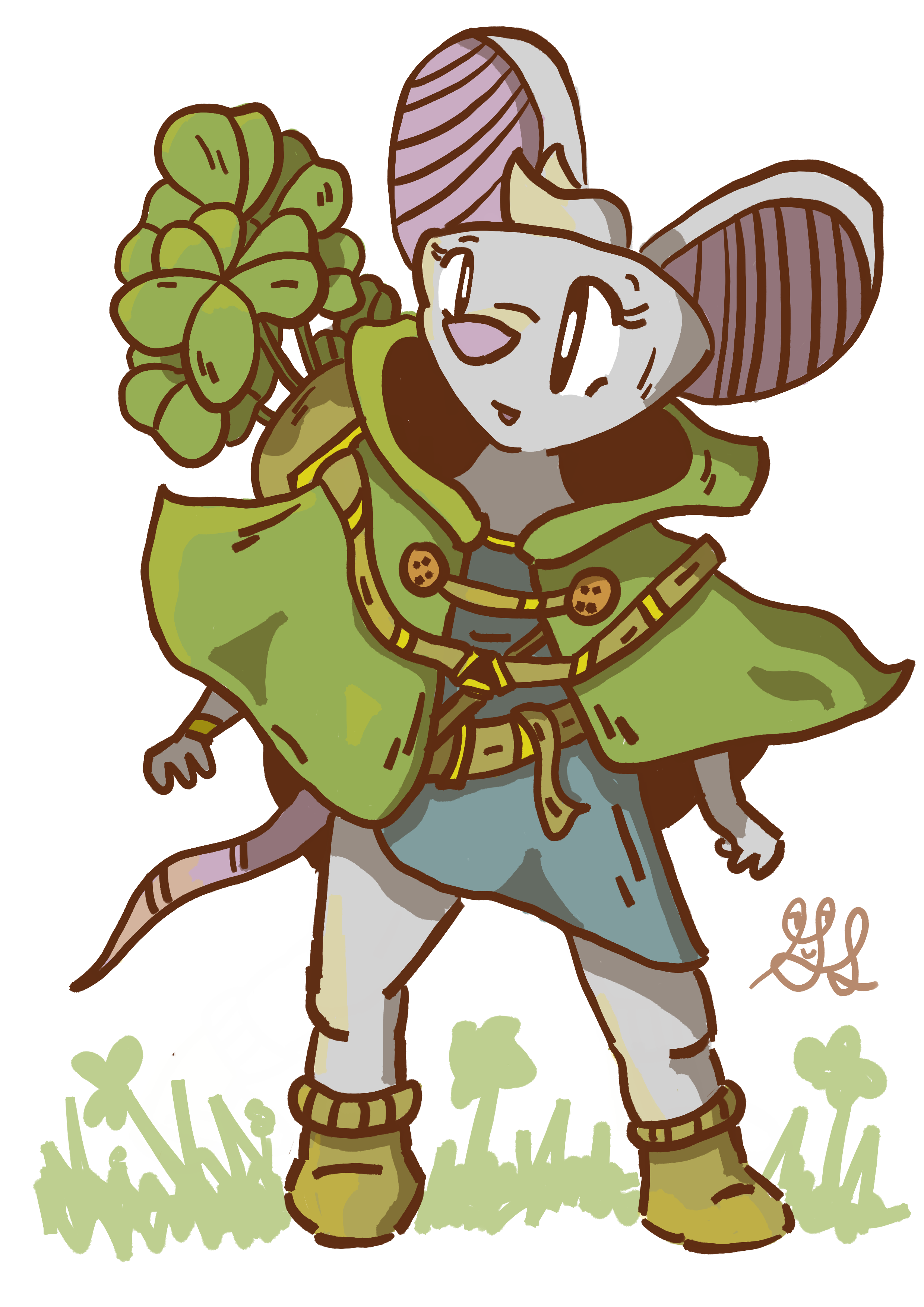 A cloaked grey cartoon mouse with a bag full of Clover. Her cloak is green and her tunic is blue. She's in a field of clover.