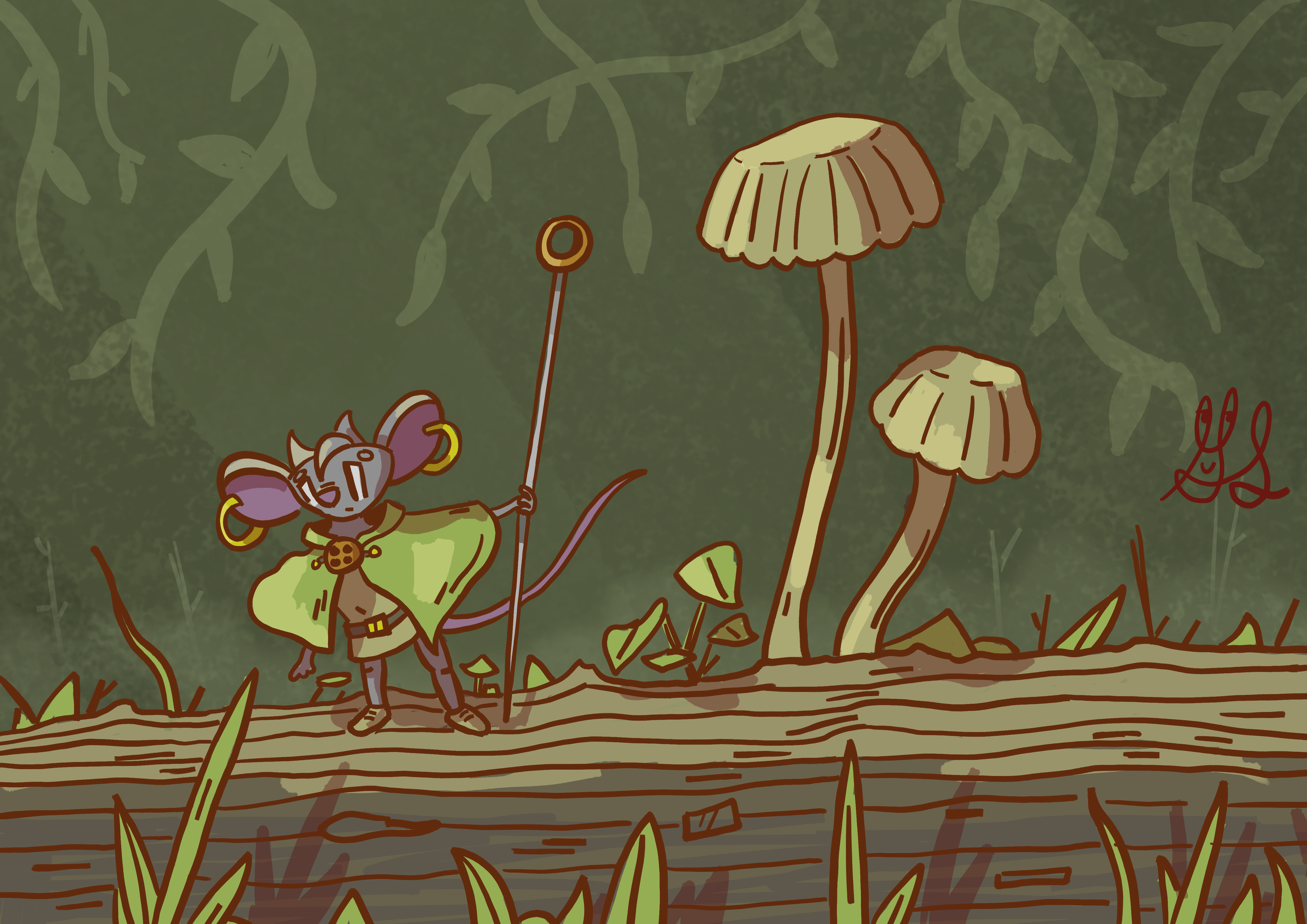A clocked mouse with earrings explores the woods. They are traveling across a log covered in grasses and mushrooms. They use a sewing pin for a walking stick, and perhaps to defend themselves.