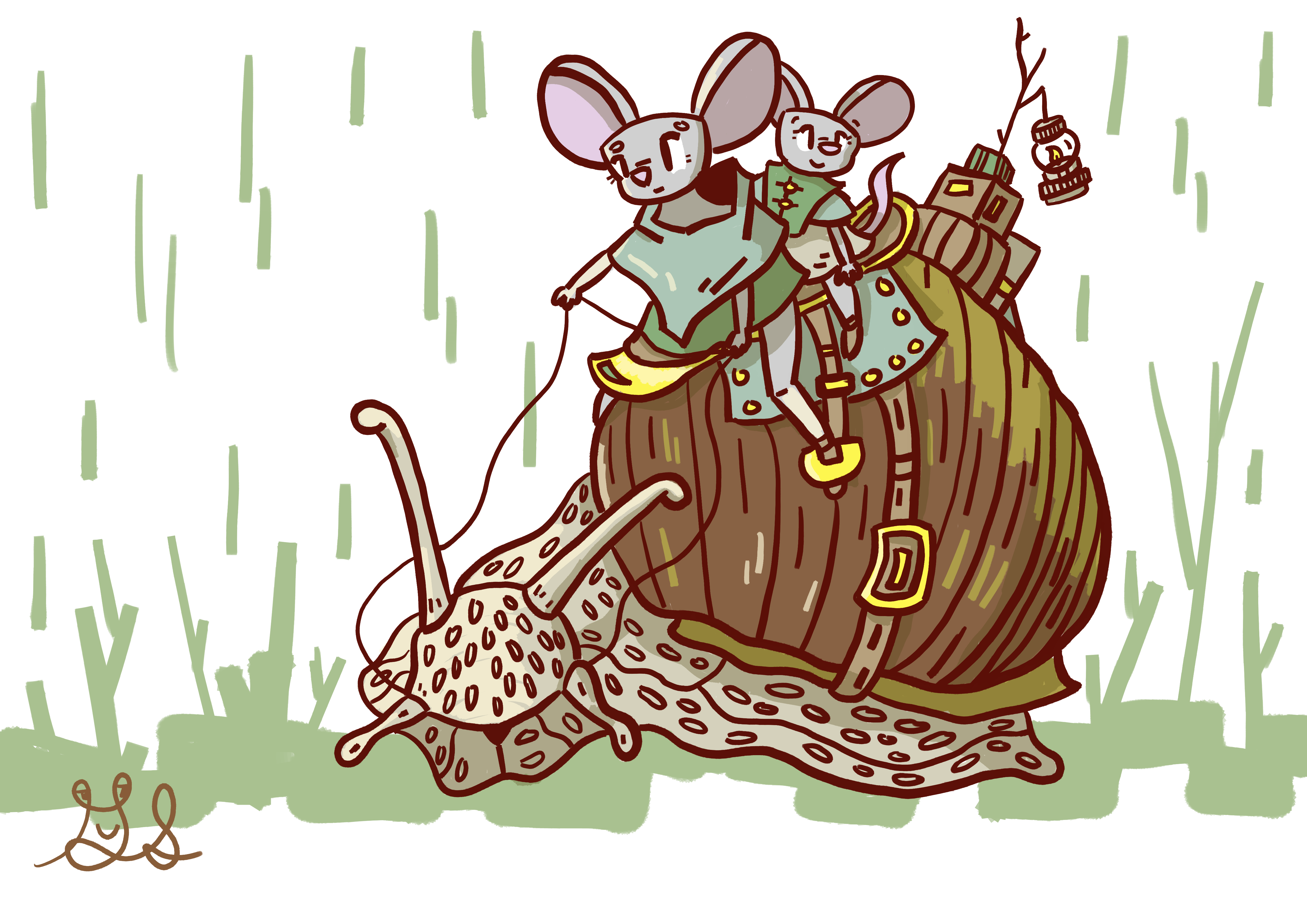 A clocked mouse and her mouse child ride a wonderful saddled snail through the woods.
