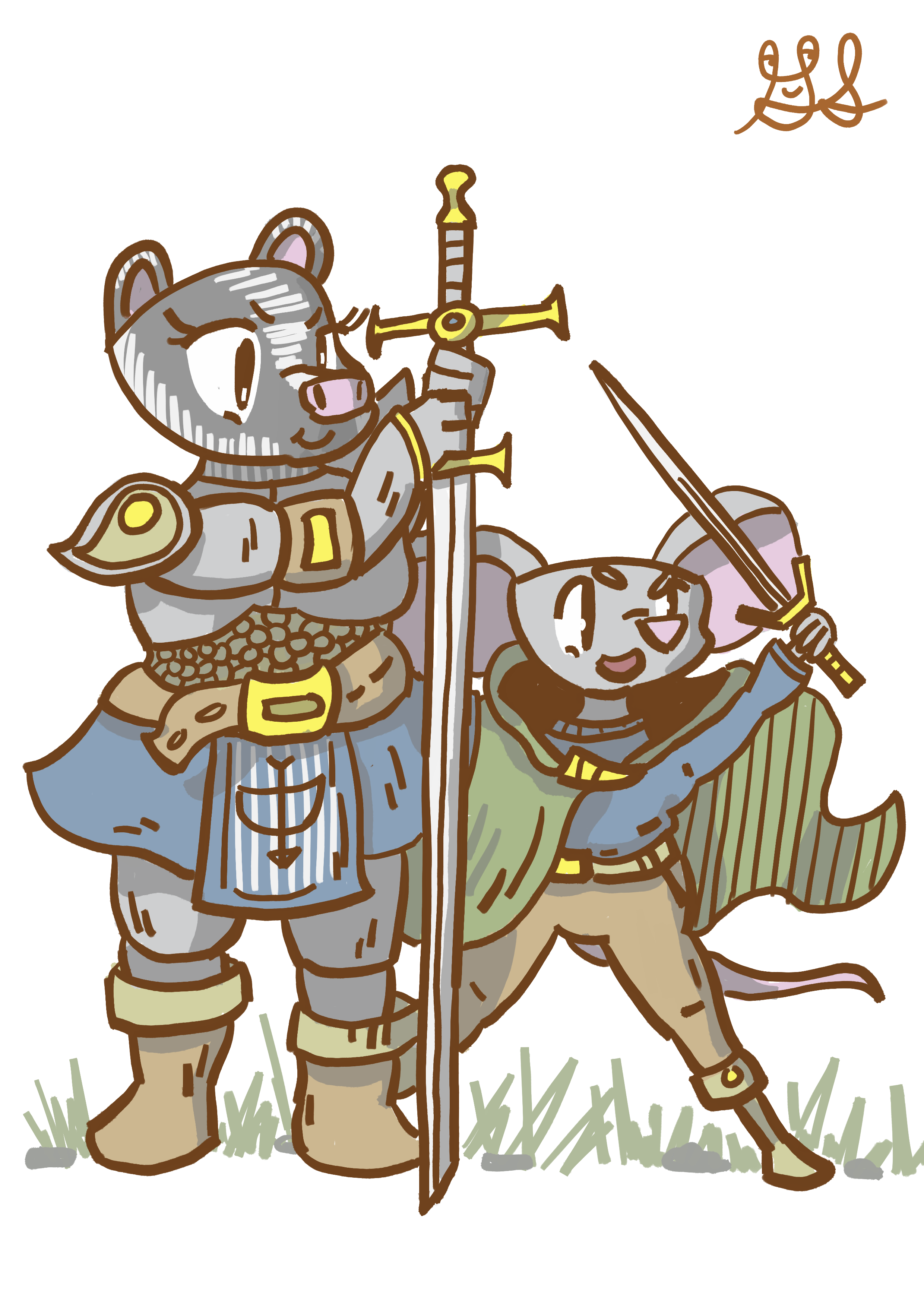 A lady badger Knight and a brave adventurer mouse wield their weapons with courage. The mouse has a short sword raised to the sky, the badger rests on her two handed sword.