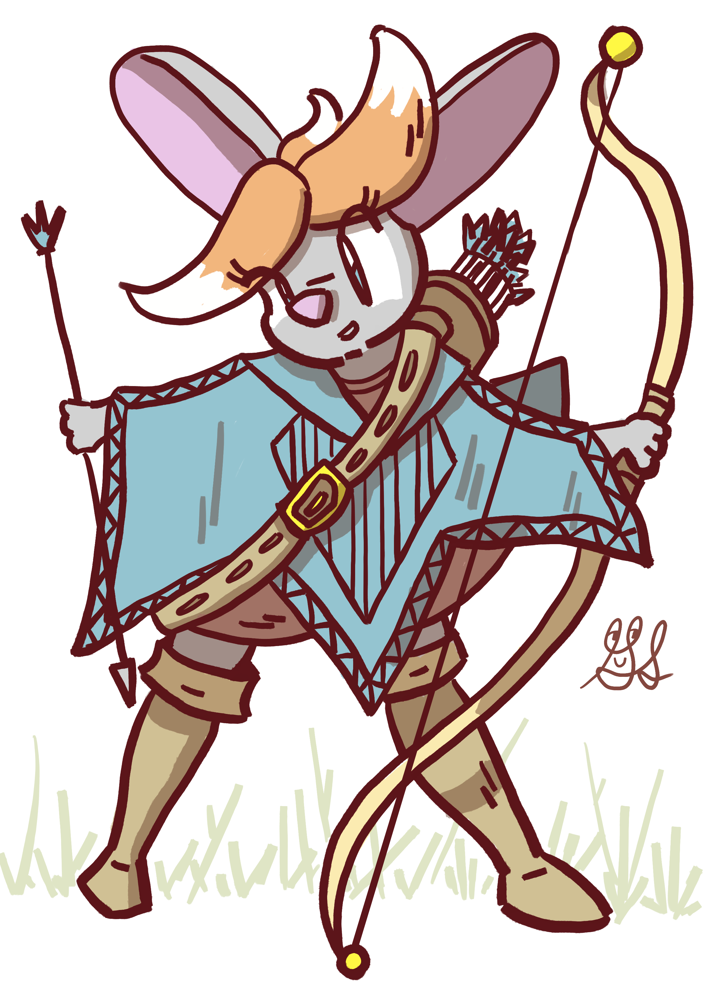 A tall lady bunny with a blue poncho and a longbow. She has red hair and knee high boots. She has un-quivered an arrow and is prepared to knock it to her bow.
