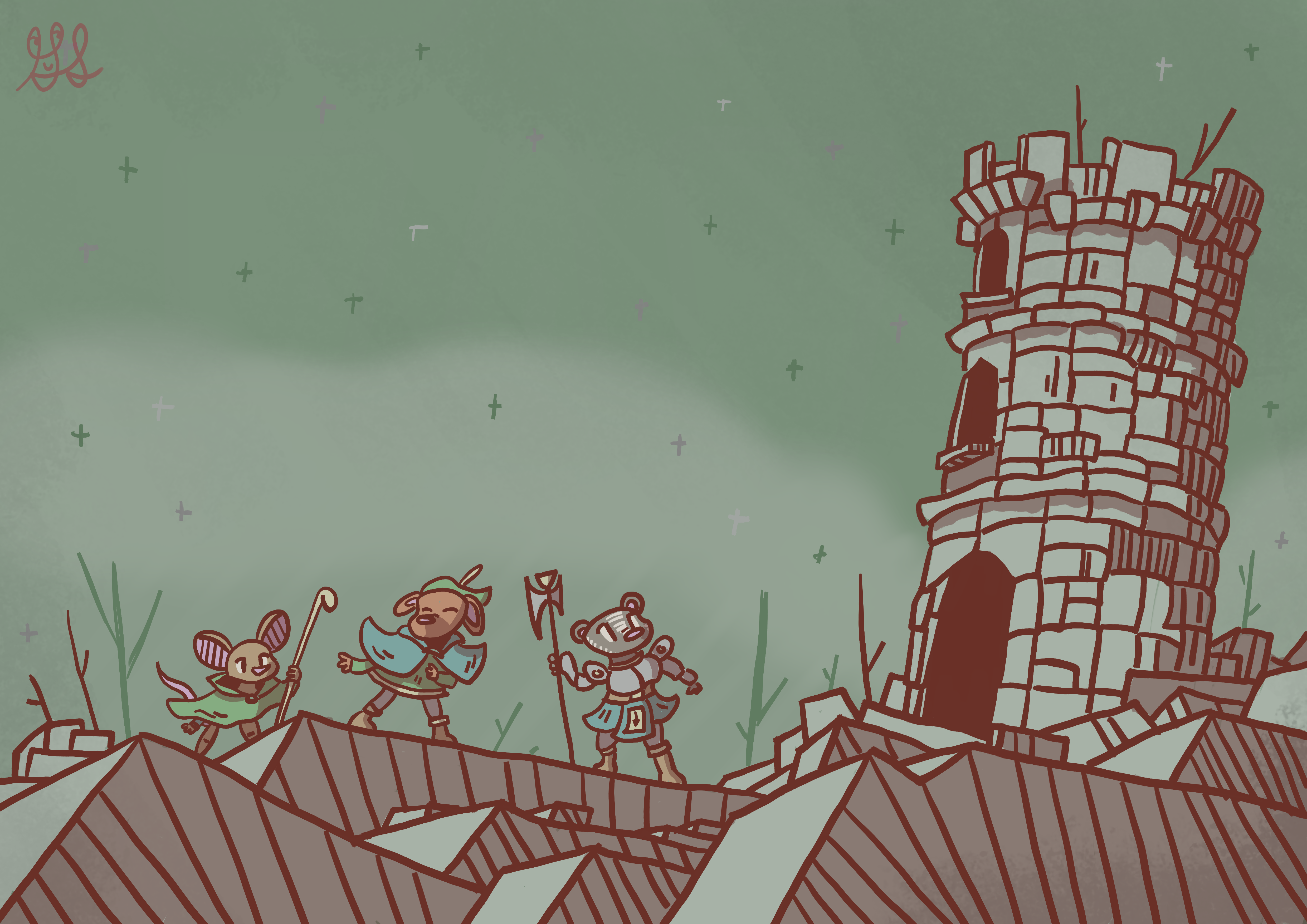A mouse wizard, a dog bard, and a knightly badger come across A ruined sunken castle tower. The Badger looks up at it with wonder. The dog bard helps the mouse wizard over the hill to examine the ruins.