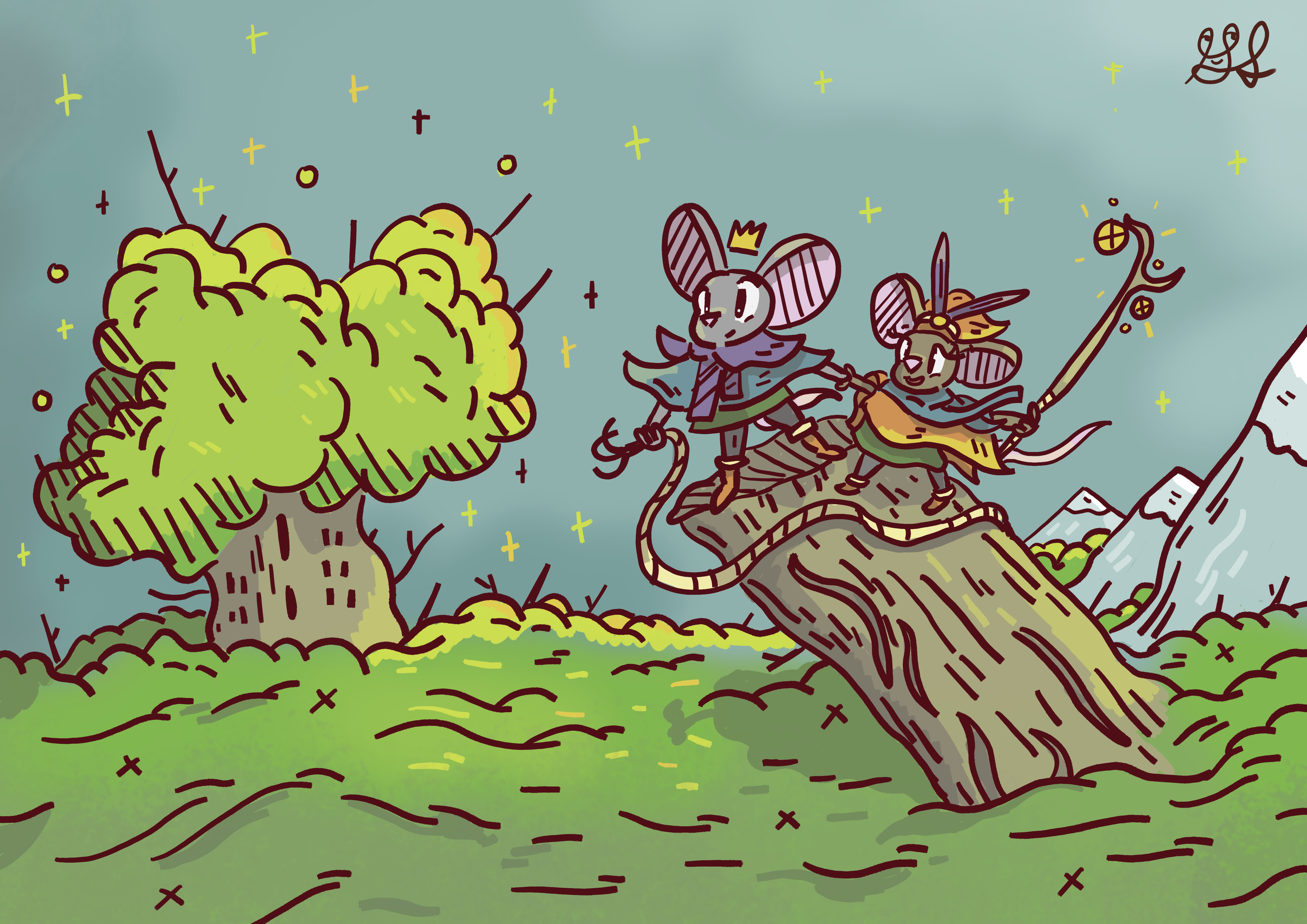 Two Mice climbing a giant grant find an interesting new tree far away in the distance. One is clocked and wears a crown, the other has a beautiful staff.