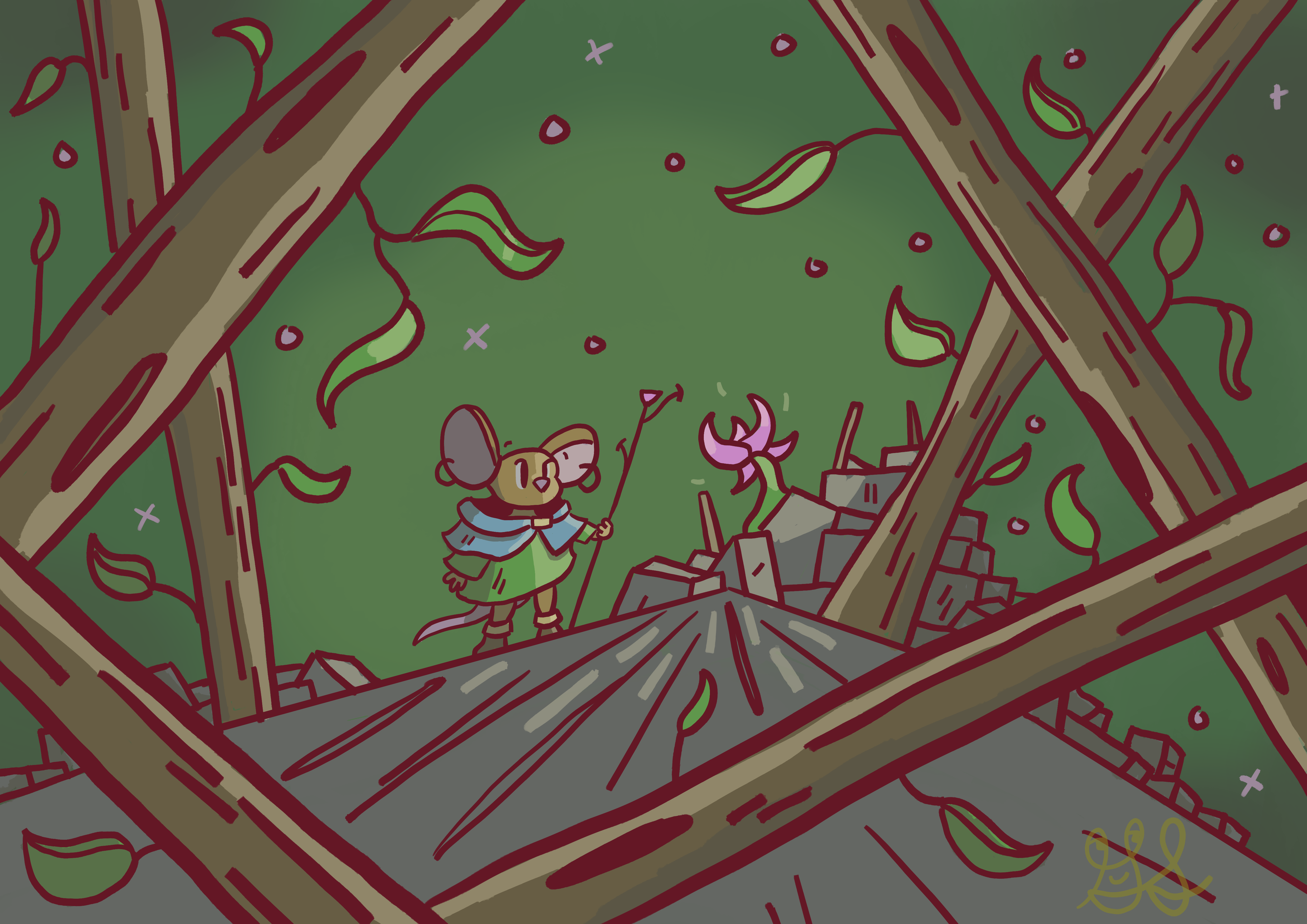 A mouse with a staff explores the woods and finds a beautiful magic flower. It's magic light illuminates the forest.