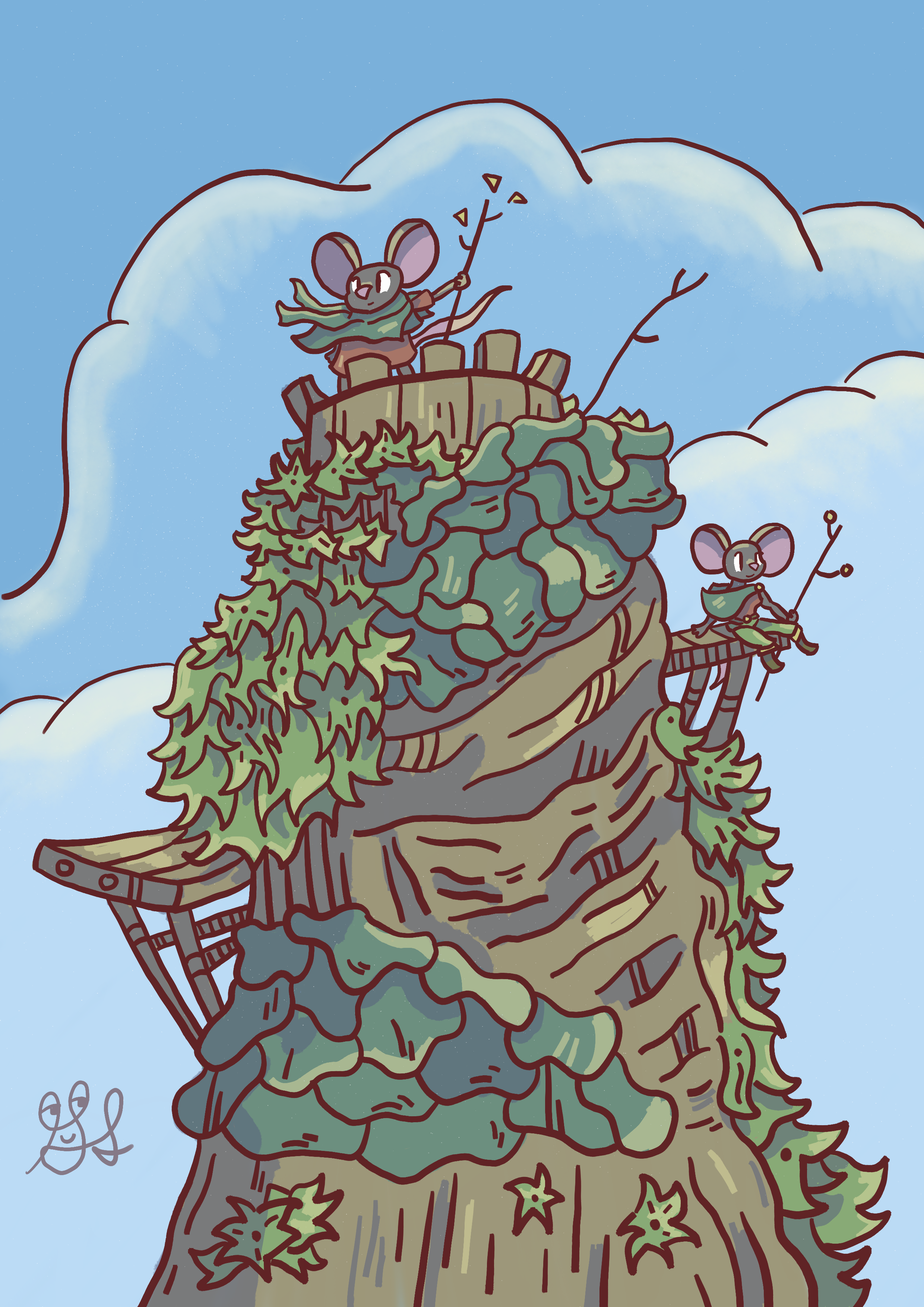 Two mice with staves enjoy a beautiful view of the sky in a moss, plant, and lichen covered wooden tower. There are white puffy clouds in the background.