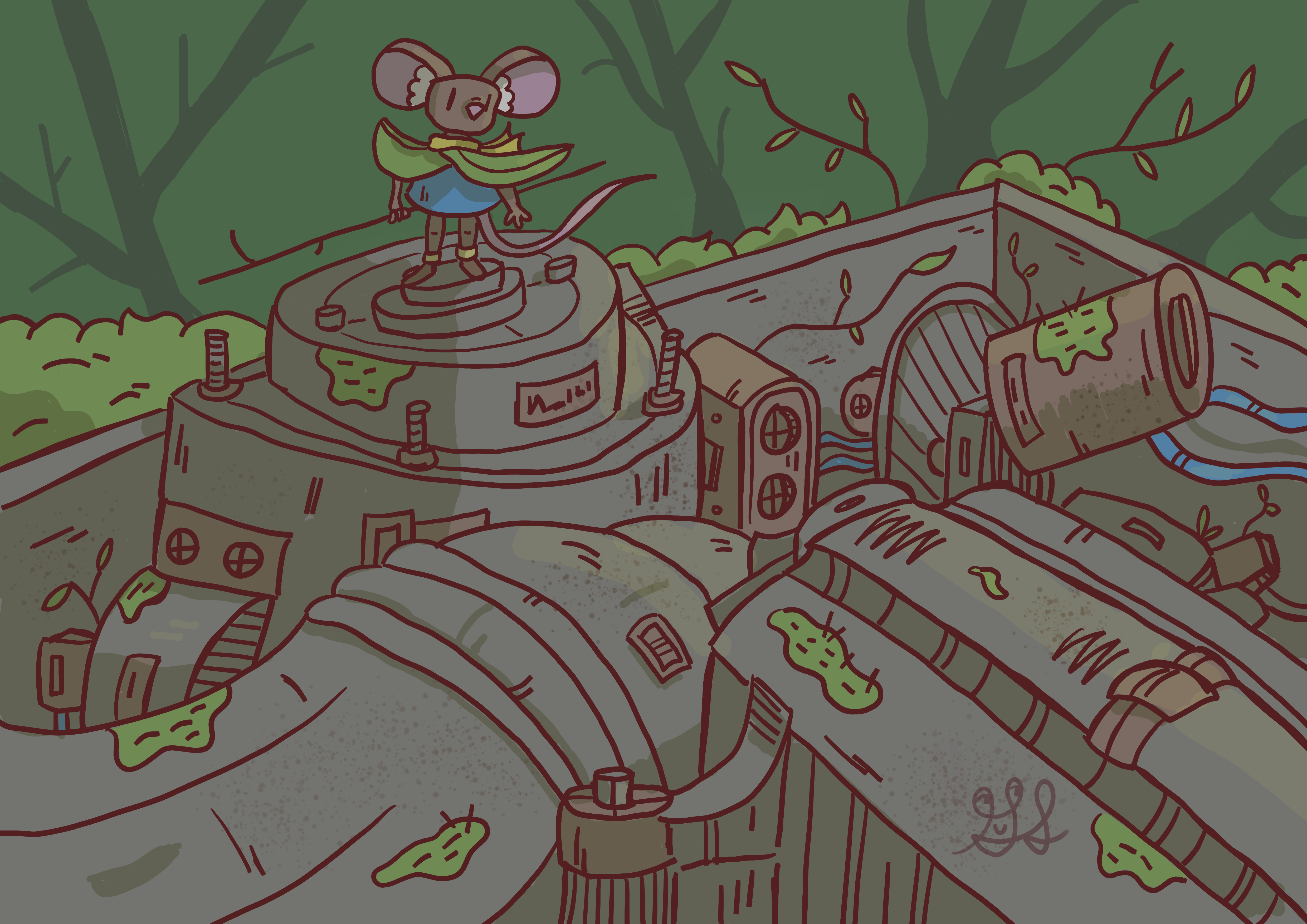 A mouse with a leaf cloak and a twig staff stands on top of a giant rusted motor.