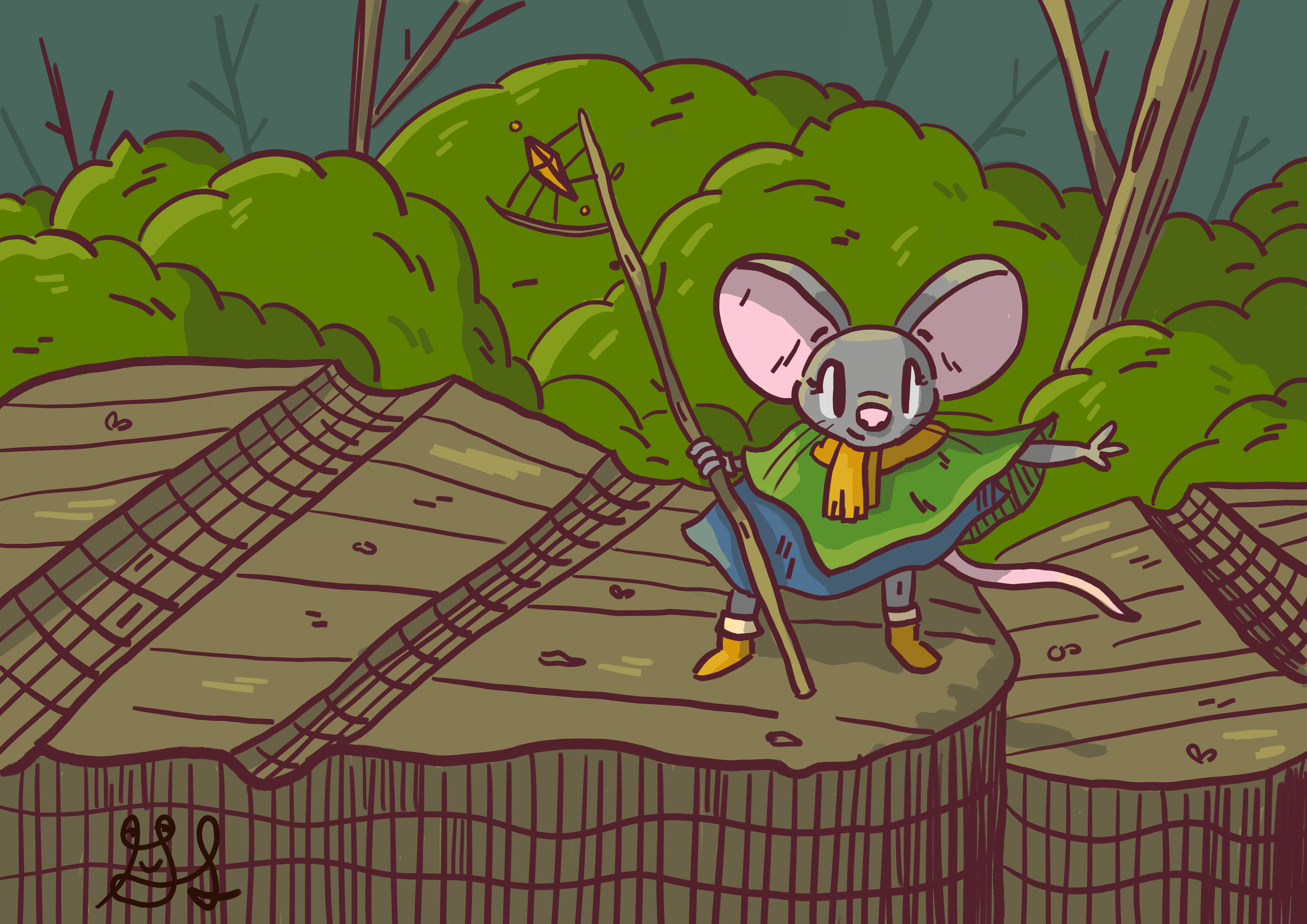 A mouse with a staff explore the forest. She has a orange scarf and boots and a magic staff with a gem inside. She walks on top of some logs.