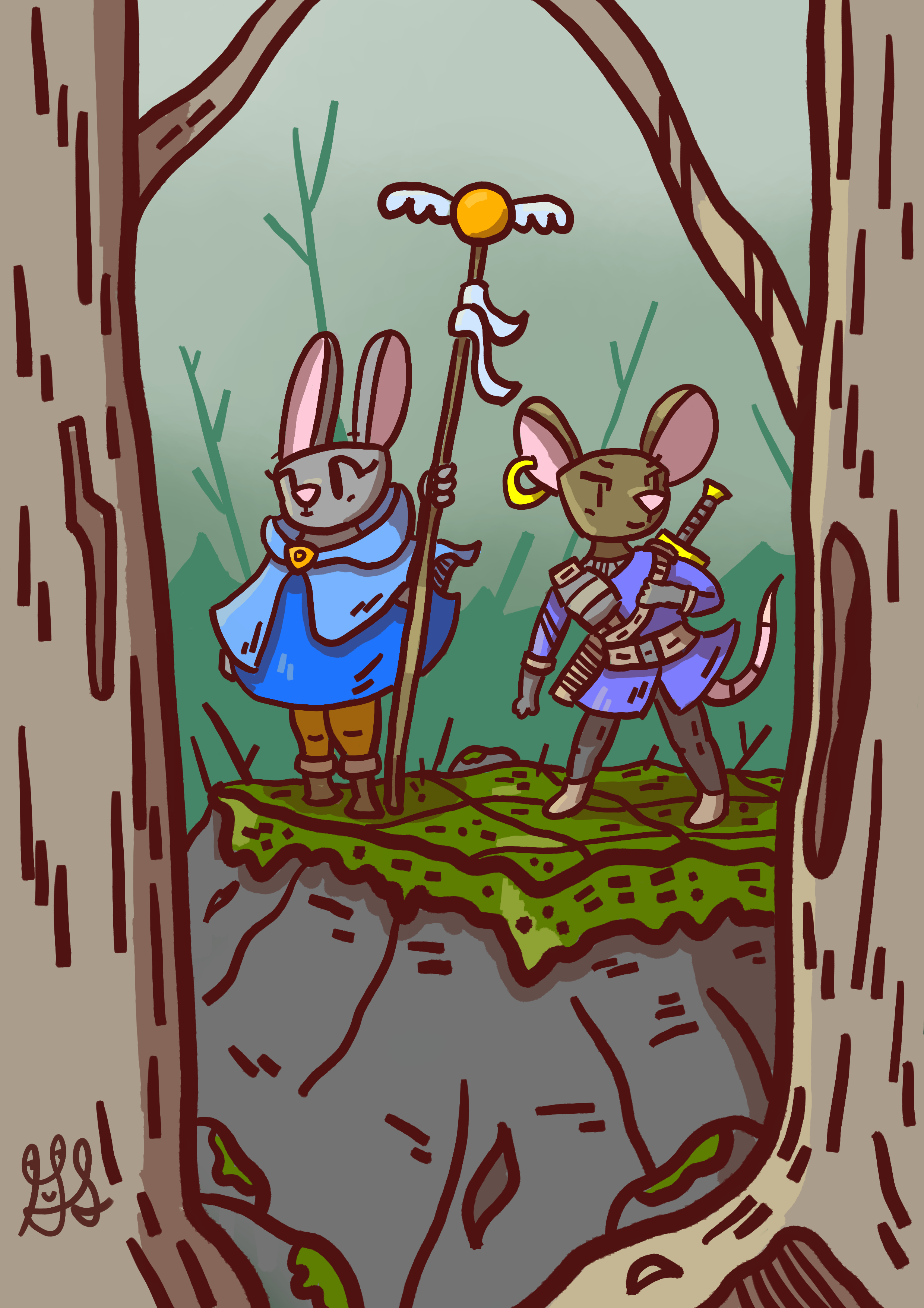 A bunny mage and a Rat rouge adventure through the woods. The Bunny has a cloak and a winged staff, and the rat has leather armor and a sword. They stand on a mossy rock surveying the forest.