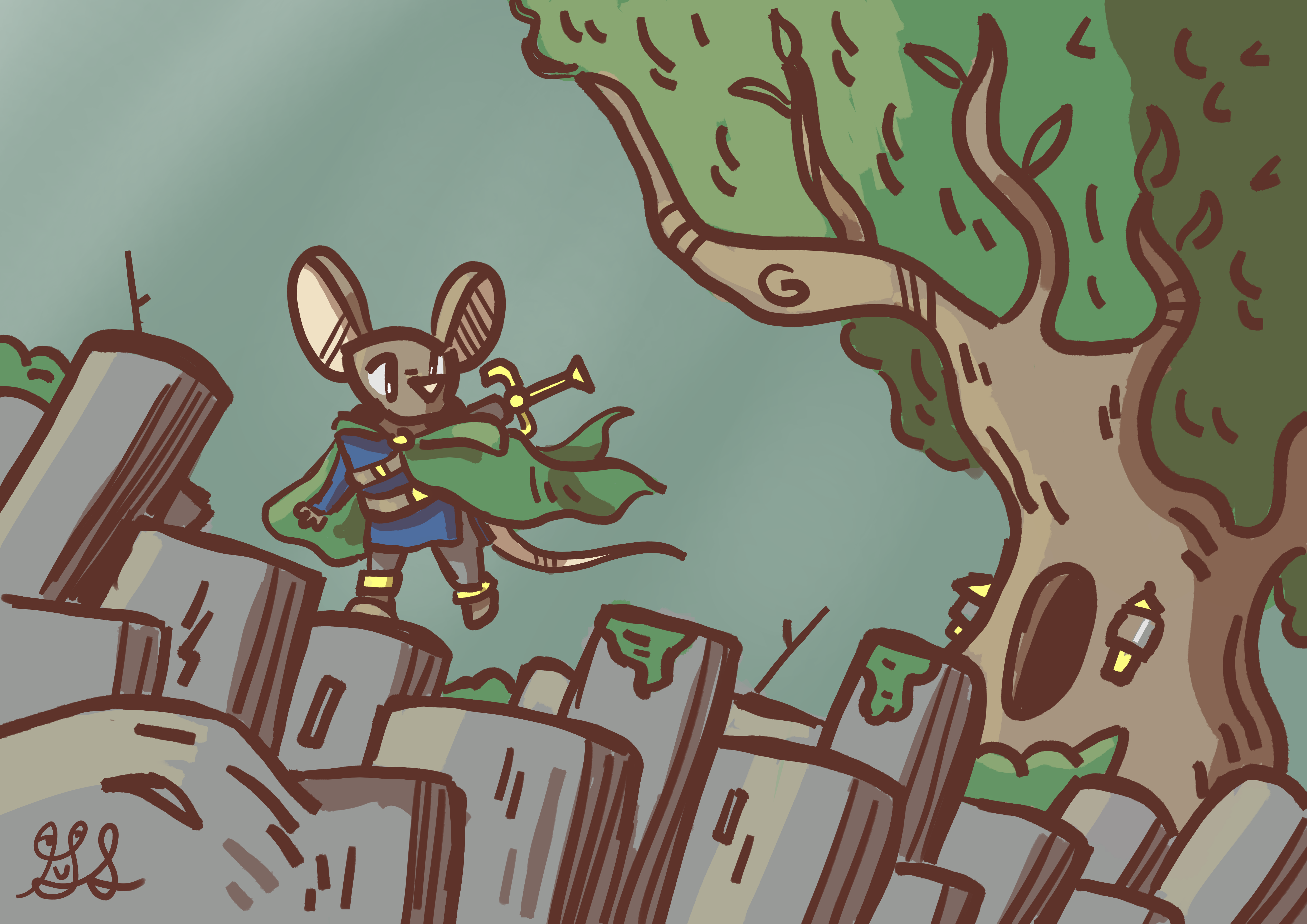 A Brown Mouse in a green cloak leaves his treehouse. He looks back one last time before departing on an adventure.