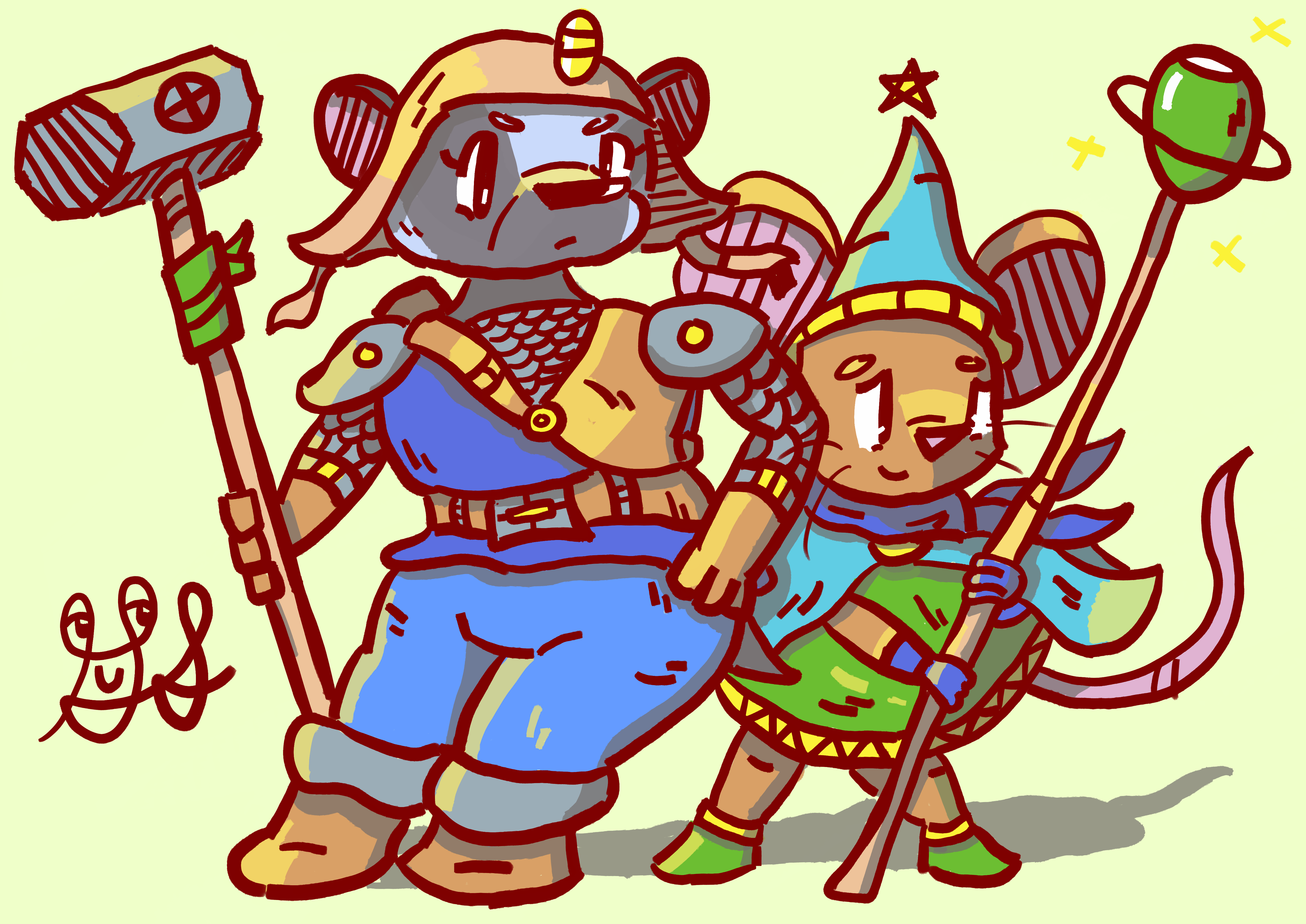 A lady badger in leather and scale armor wields a hammer to help protect her friend the wizard mouse. The wizard mouse has a blue cloak and wizard hat with a emerald gem at the end of his staff.