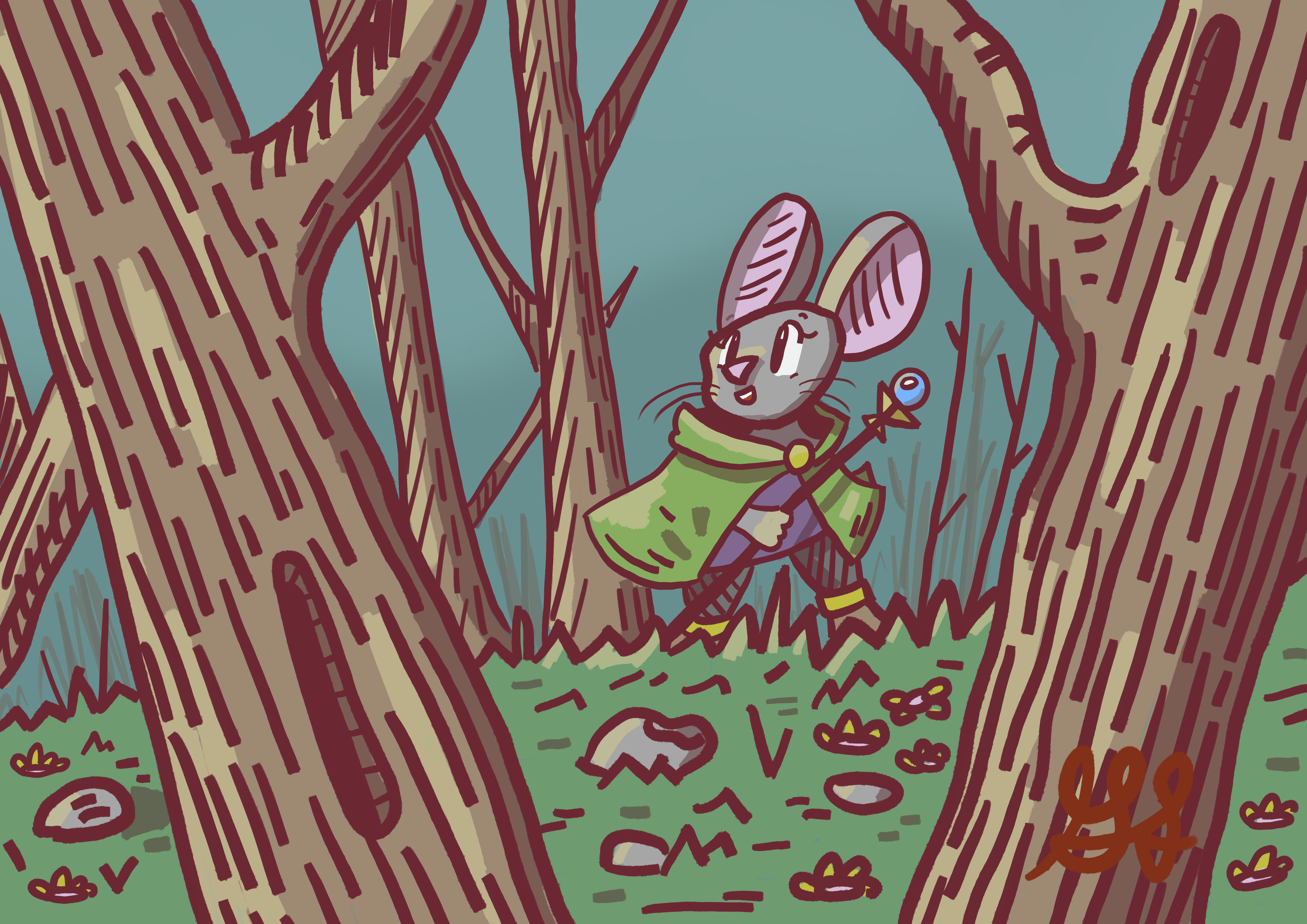 A green cloaked mouse with a blue gemed staff explores the woods.