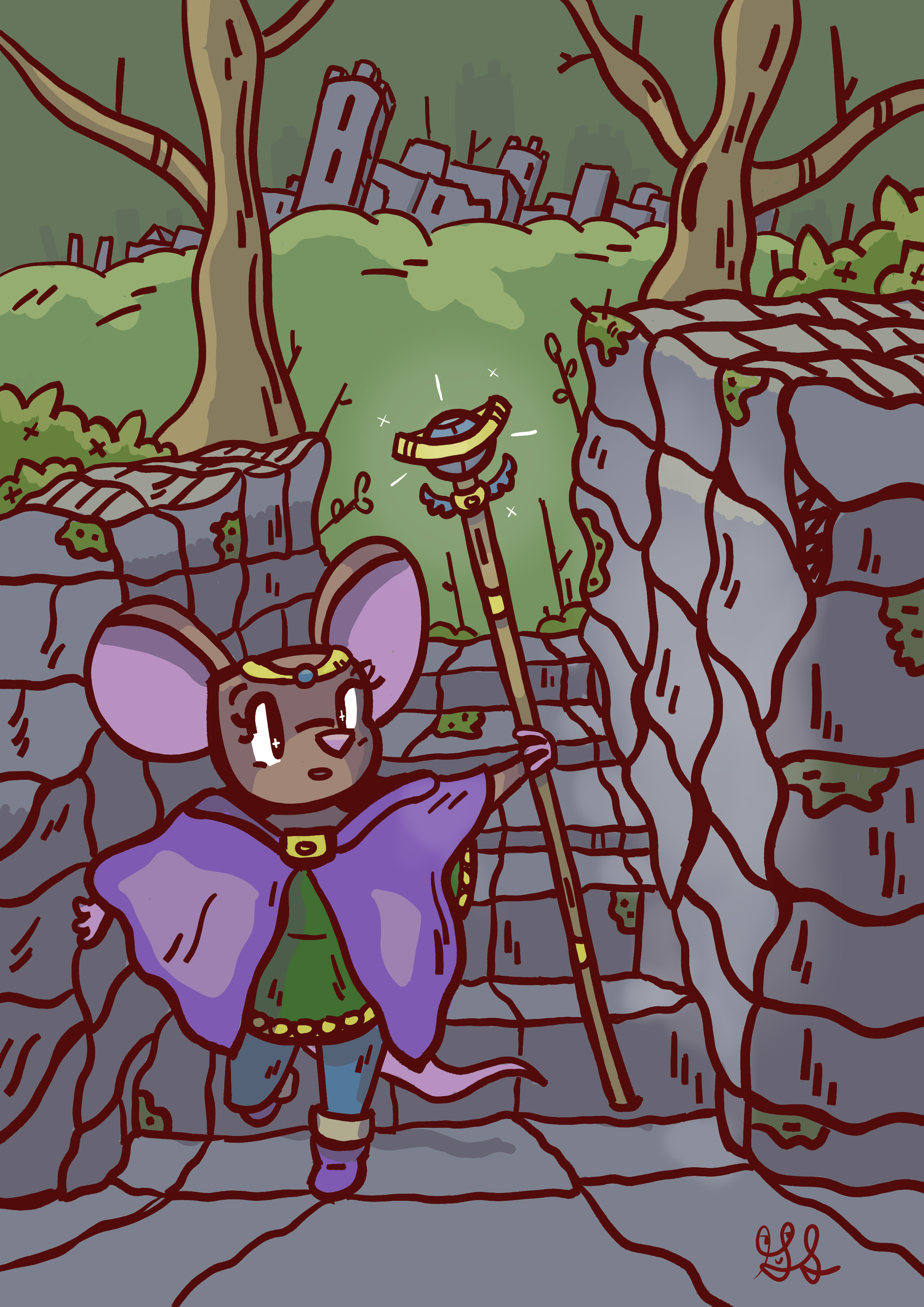 A wizard mouse with a purple cloak explores some ruins. She uses her staff to illuminate the way. She's walking down some stairs.