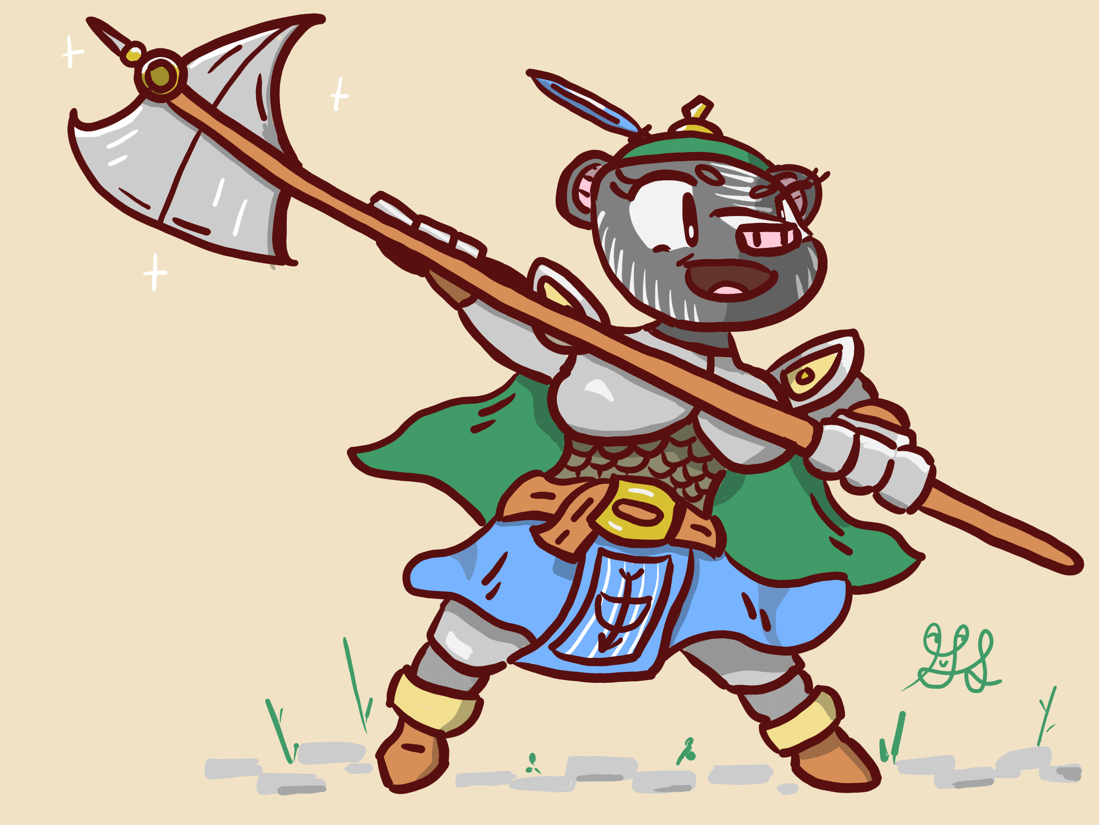 A lady badger with silver armor and a blue cape wields an amazing halberd. She has a excited and happy face.