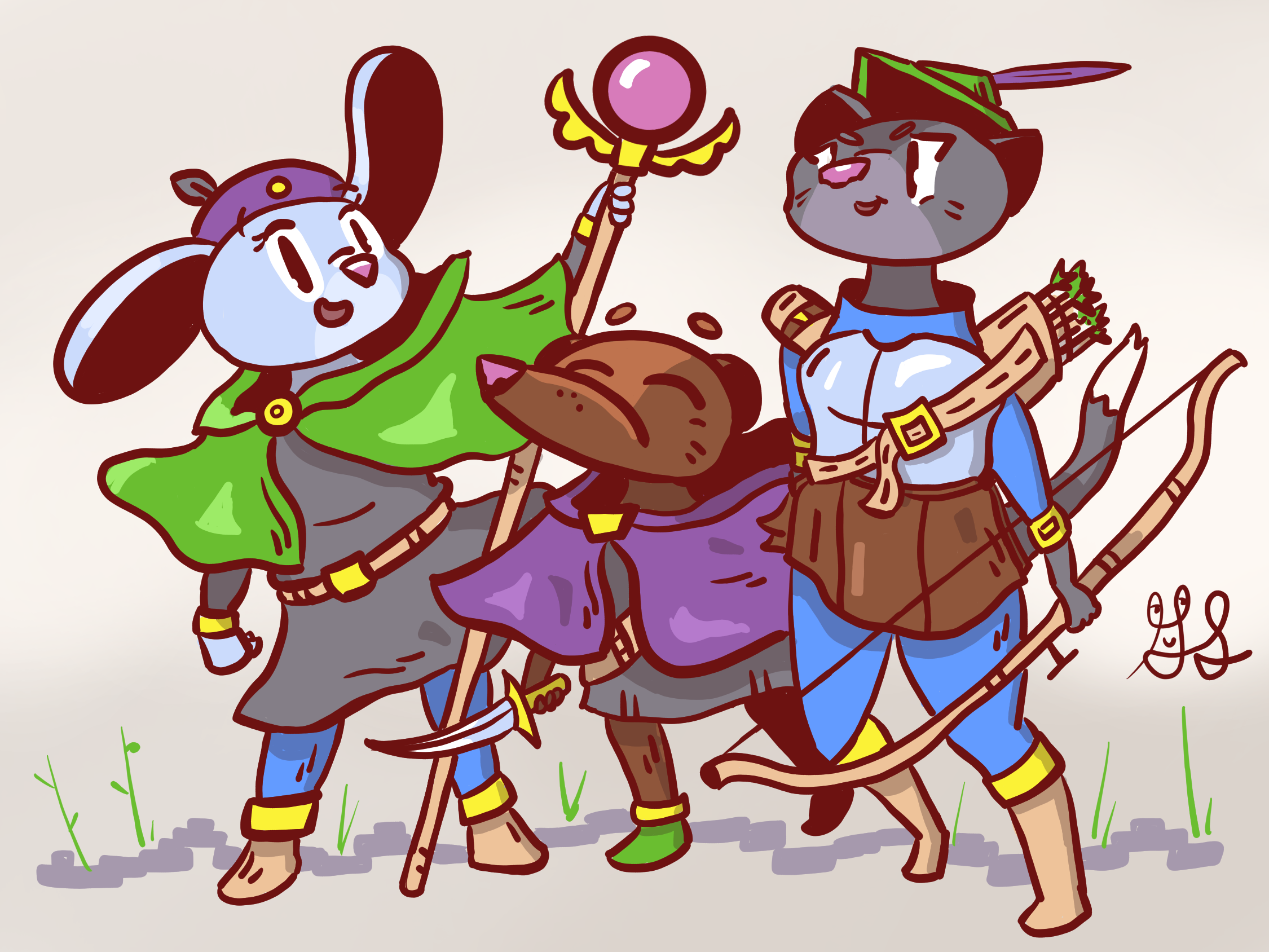 A bunny wizard, A thief shrew, and a cat ranger form an adventuring party.
  The bunny has a staff, the shrew has a dagger, and the cat has a bow and arrows. They are wearing various armor and cloaks.