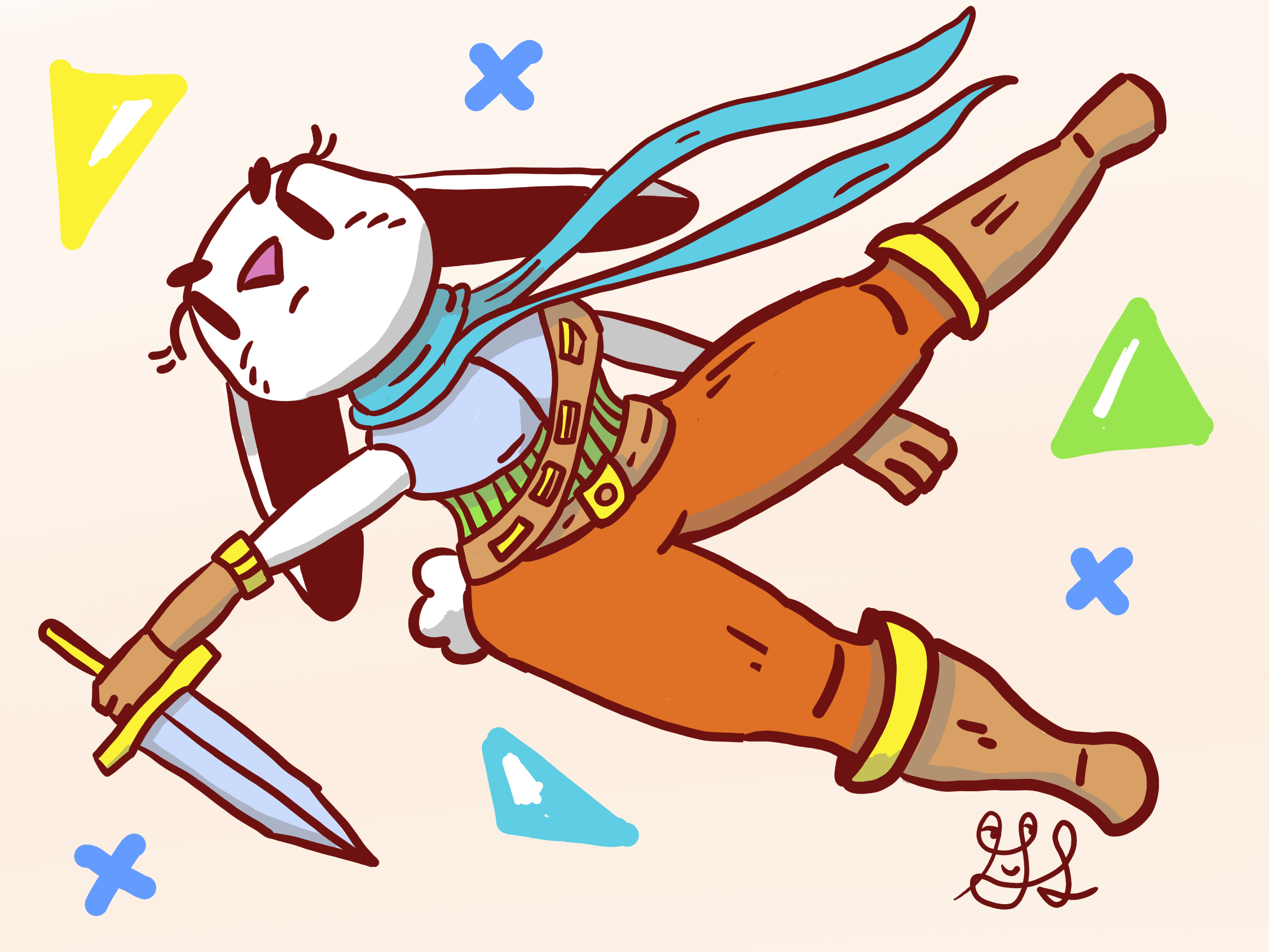 A cool white bunny with a dagger and a big blue scarf. She looks malcontent.