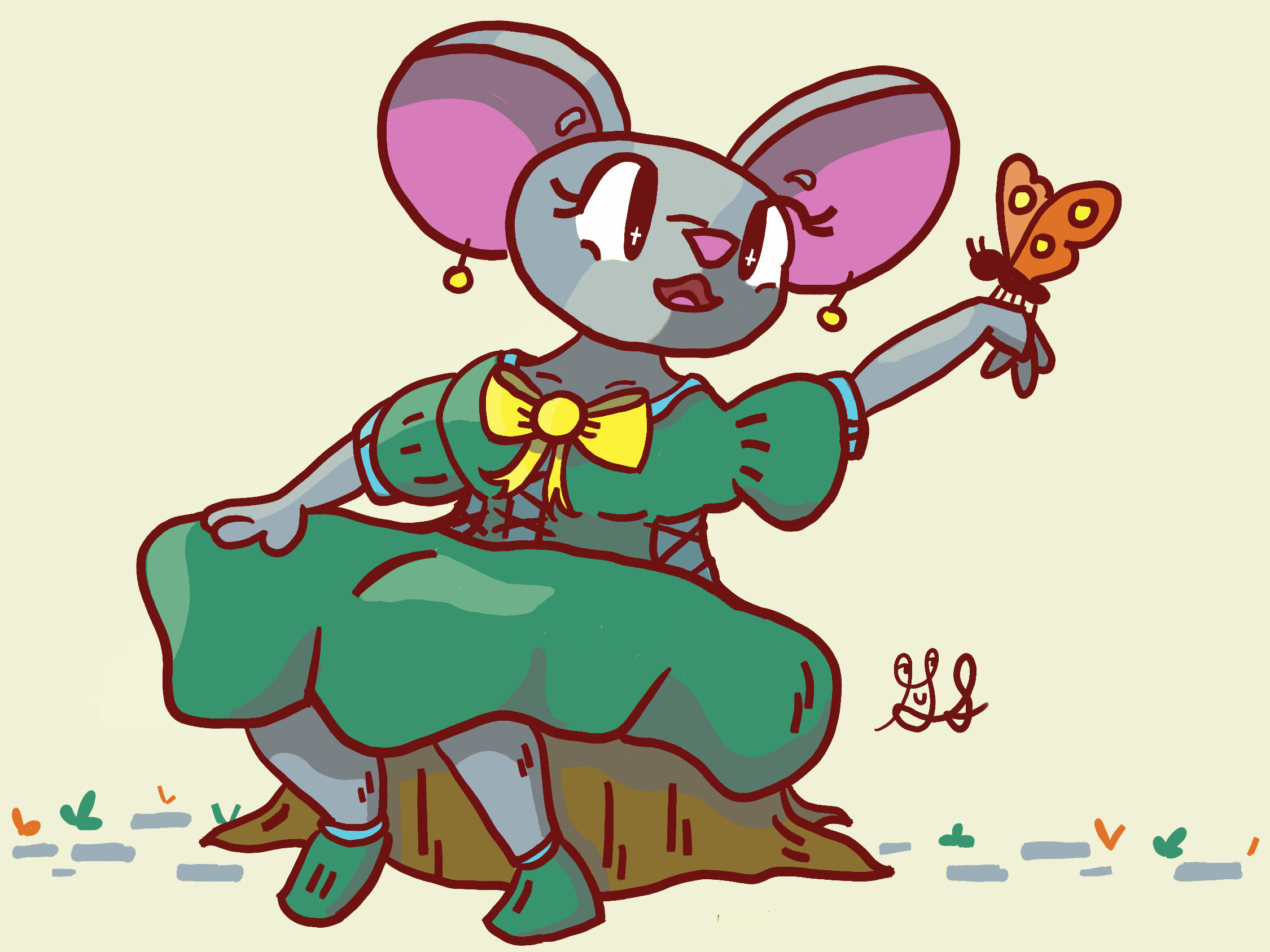 A mouse in a green dress with a yellow bow looks at a beautiful butterfly.

She is sitting on a stump.