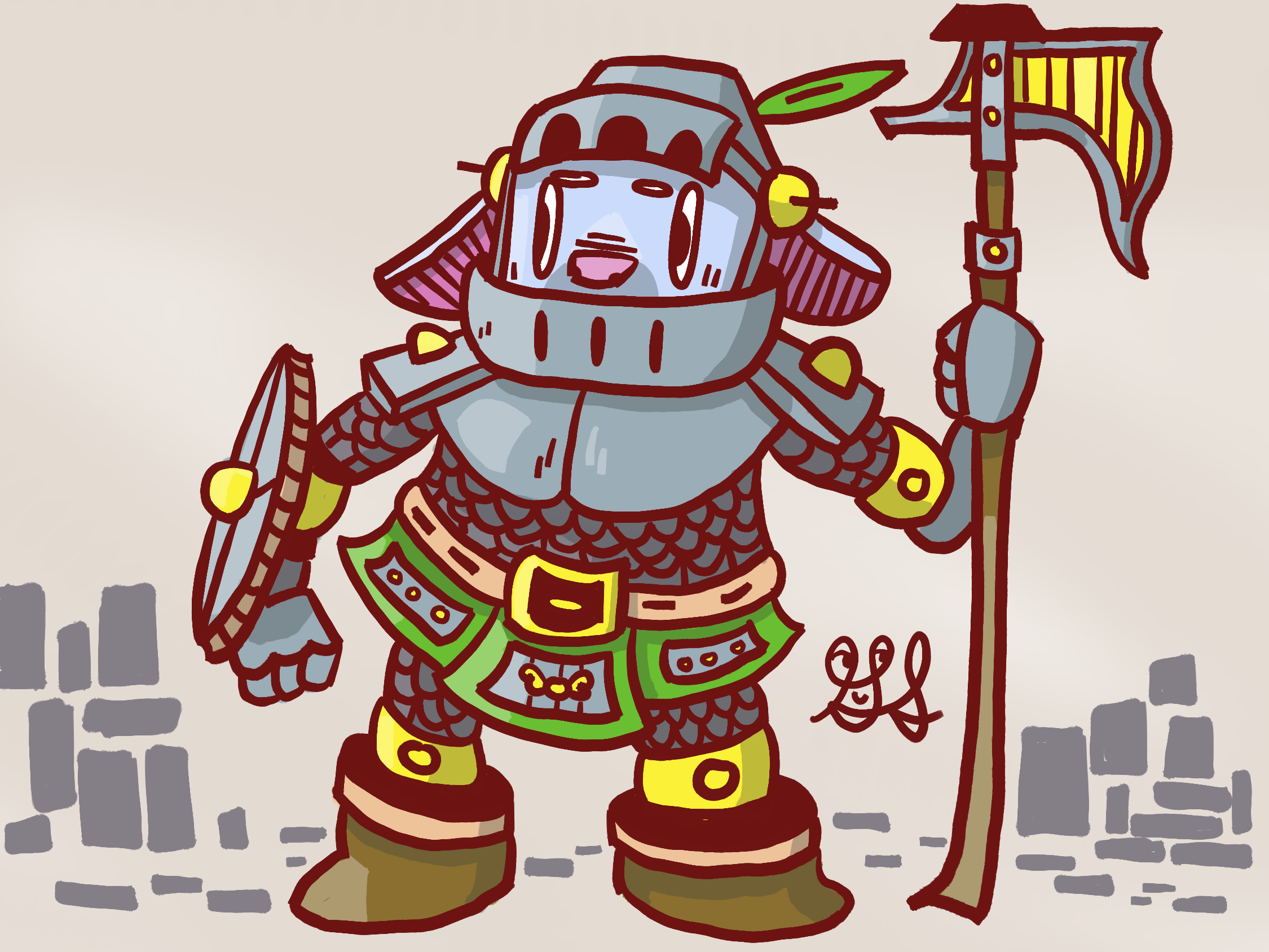 A furry creature in a lot of armor has a shield and an axe. The helmet is a little to big for them. Under the armor is chain mail. They are wearing large boots.