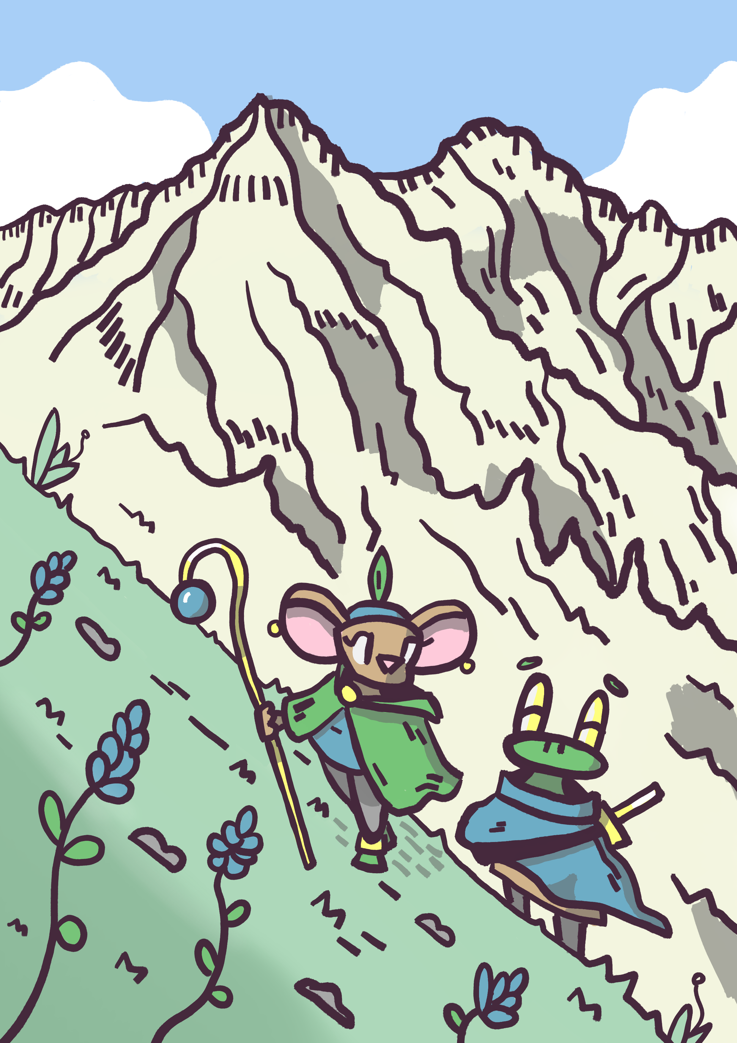 A Mouse Wizard and a frog climb a mountainside.