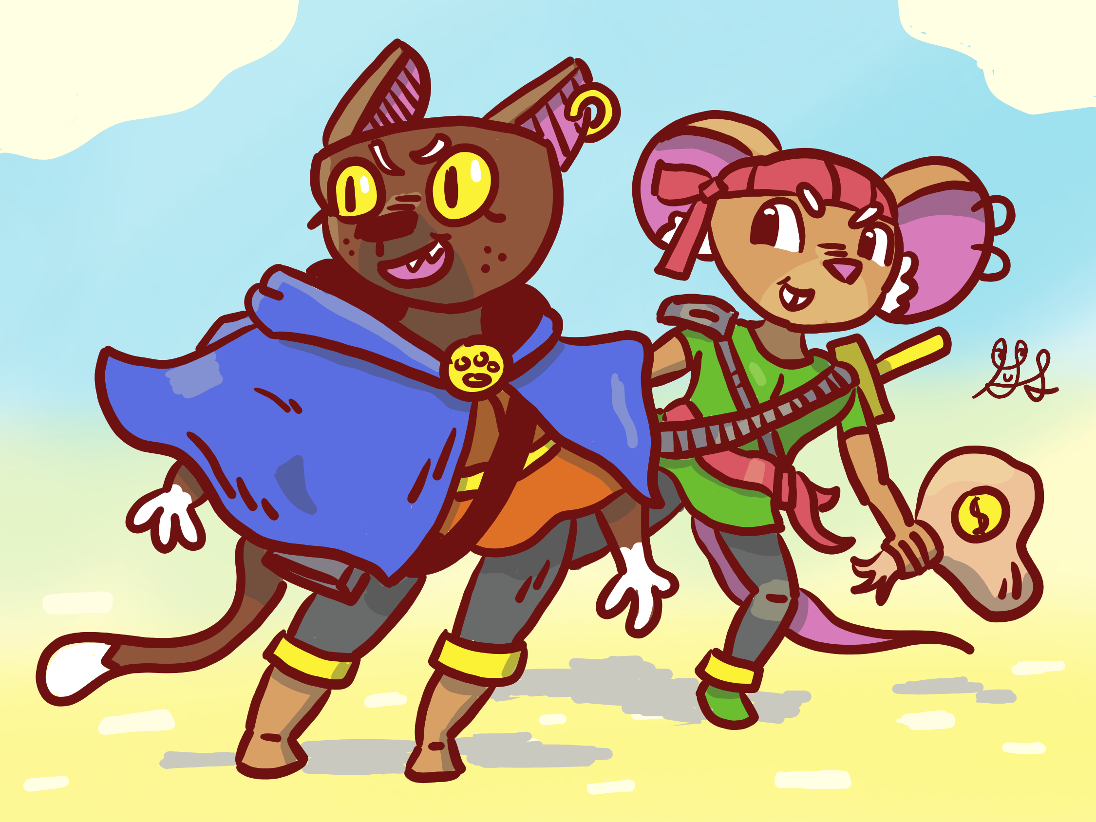 A Pirate Cat and mouse making a daring robbery on the beach.