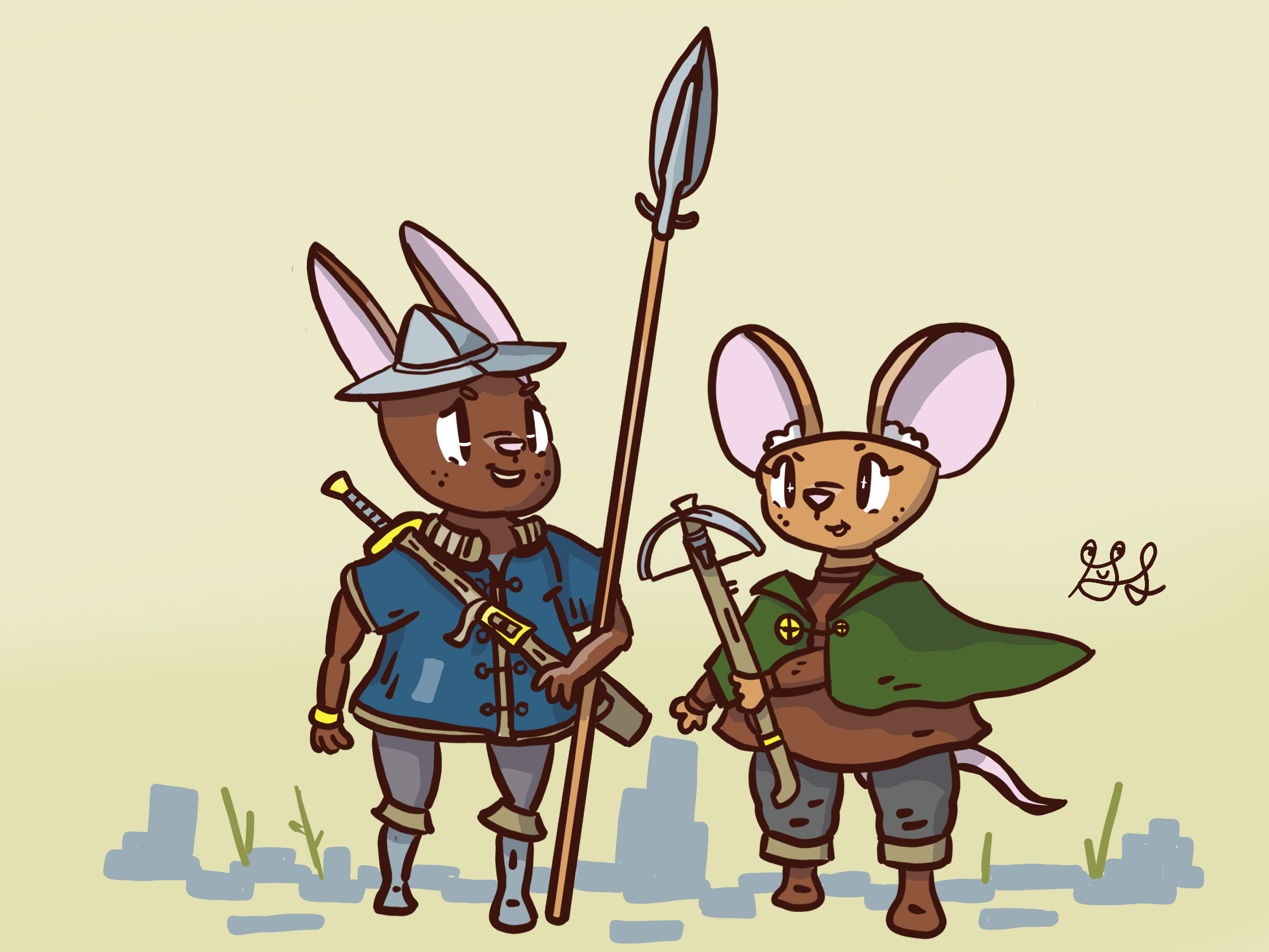 A mouse in a cloak with a cross bow want's to team up with a rabit with a spear. The rabbit has an iron helmet.