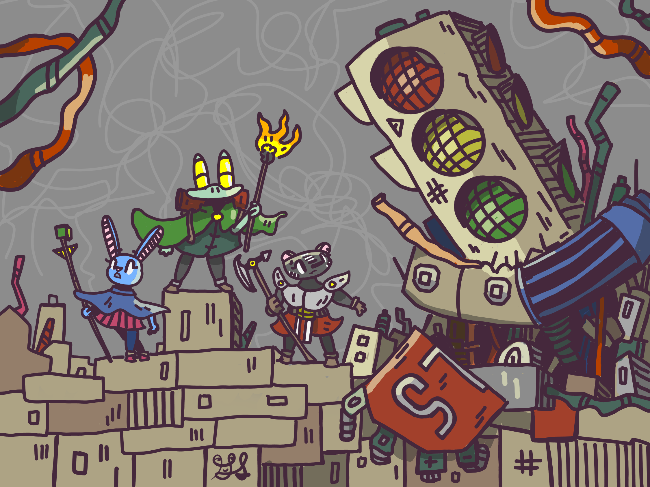 A frog rogue, a bunny mage, and a badger warrior come across a strange metal beast. It's made out of various junk and trash. The head is a strange looking traffic light. The frog holds the torch upwards to get a better view.