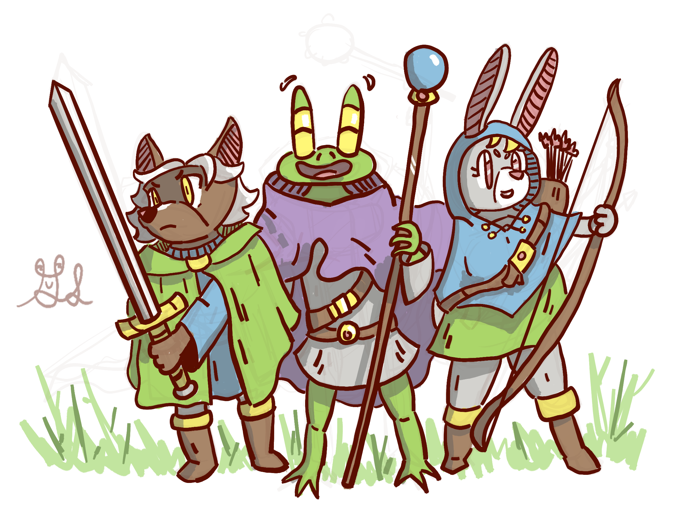 A dog, frog, and bunny as fantasy adventurers