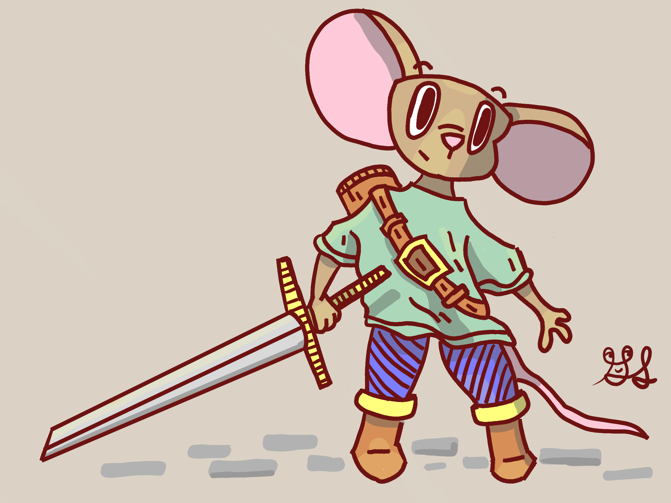 A brown mouse with a large sword and scabbard.