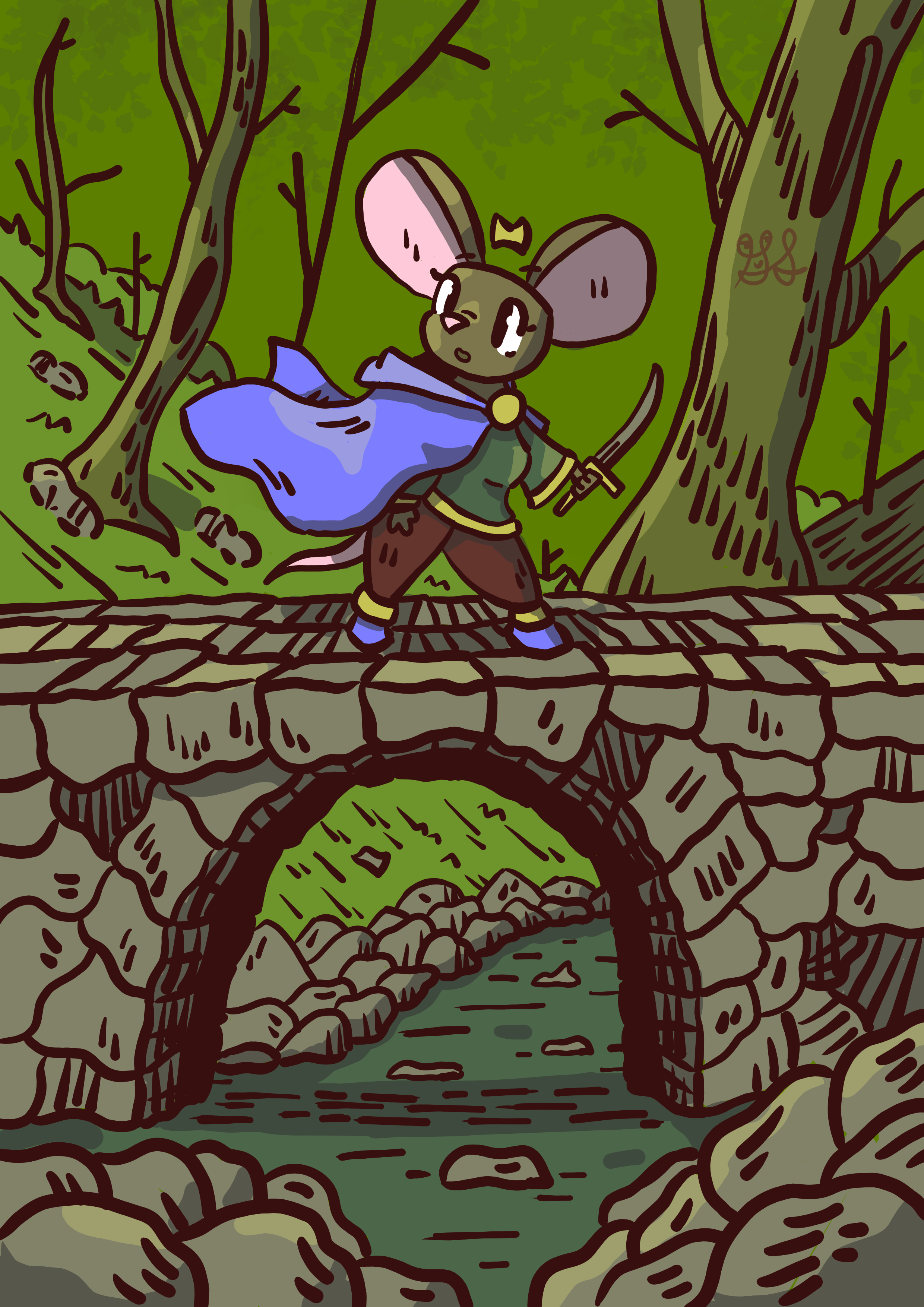 A mouse girl in a purple cloak crosses a bridge over a stream. She is setting out on a brand new quest.