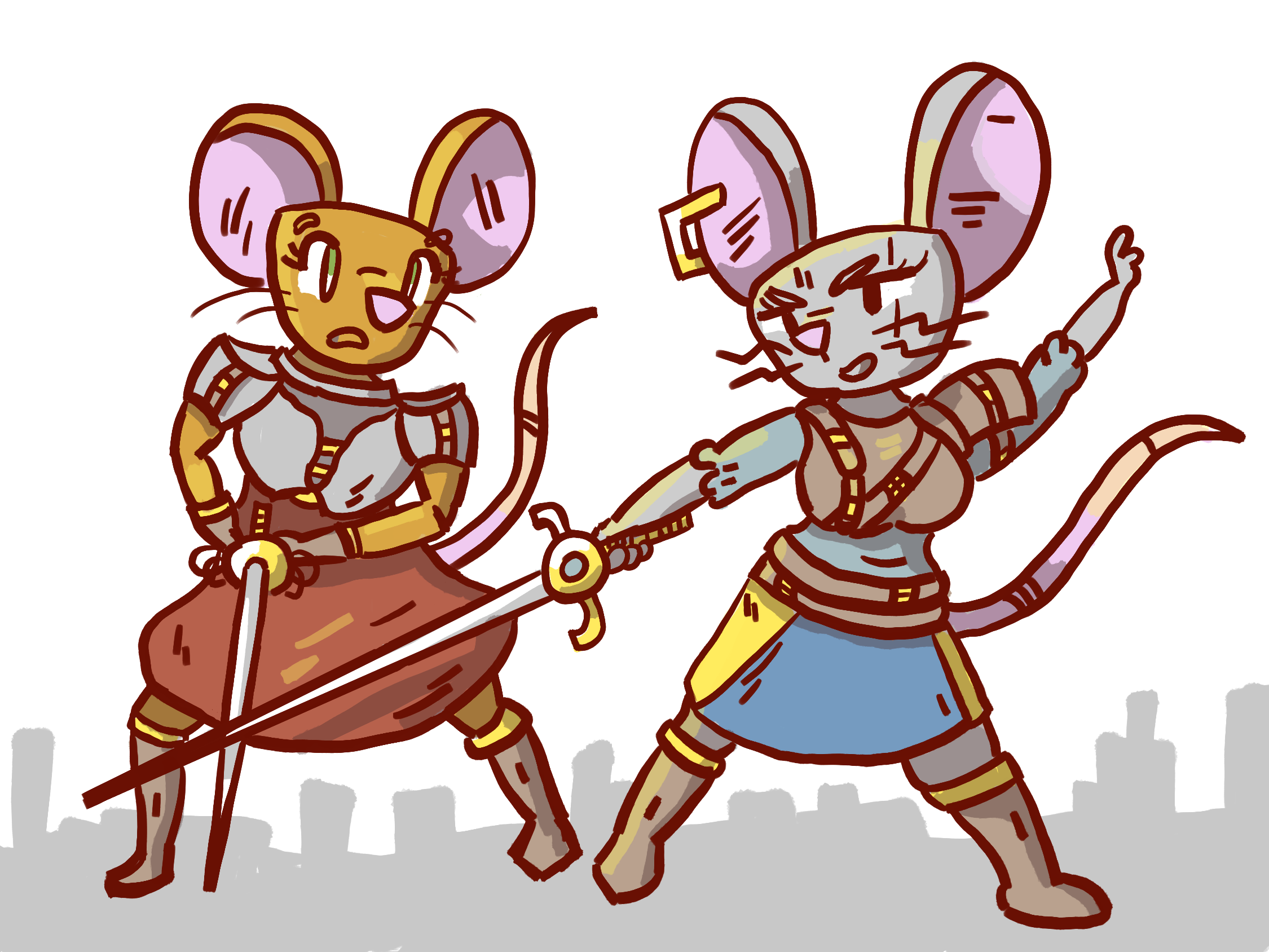 A mouse in blue armor duels a mouse in red armor