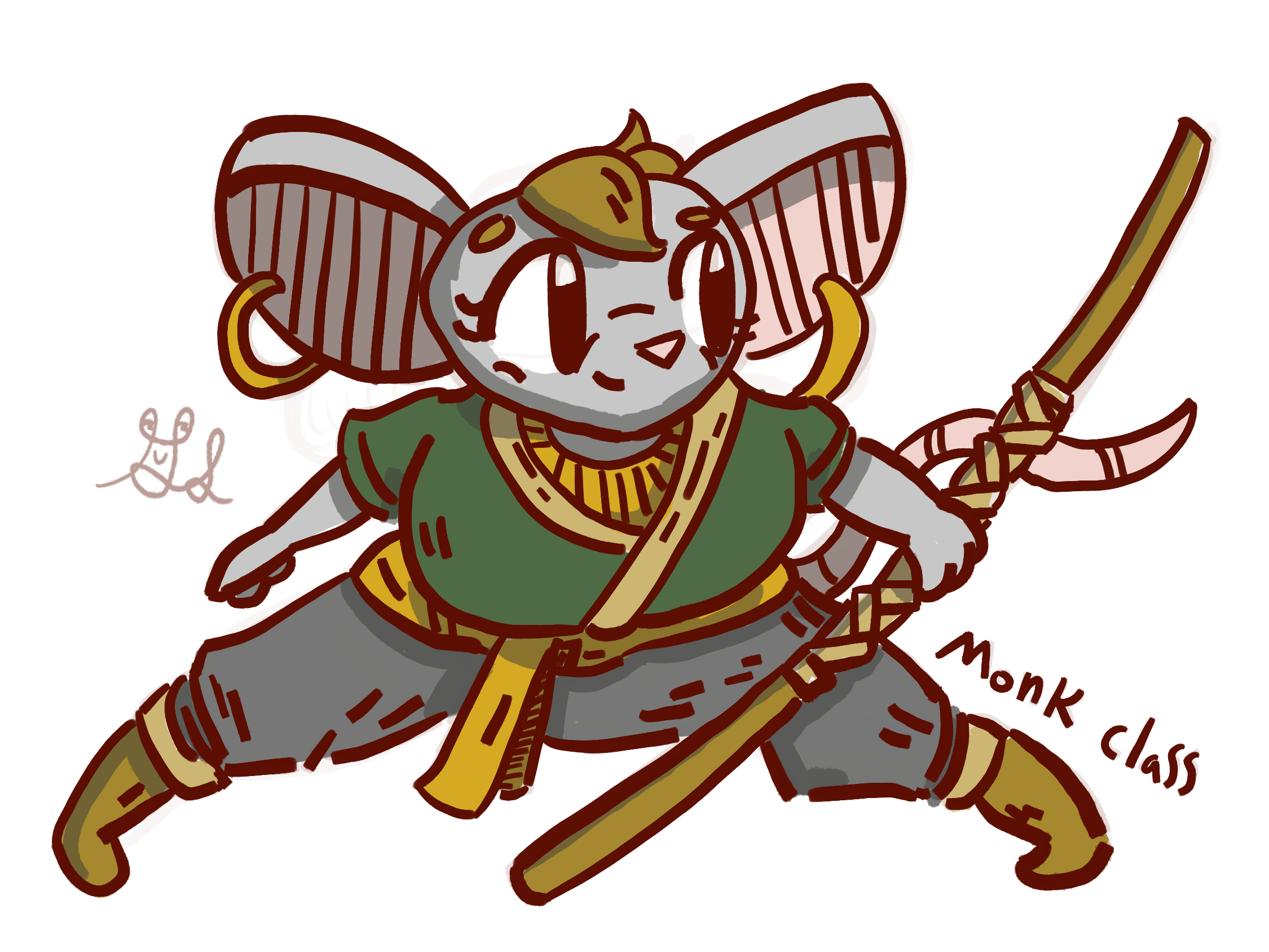 A mouse dressed in robes with a bo staff.