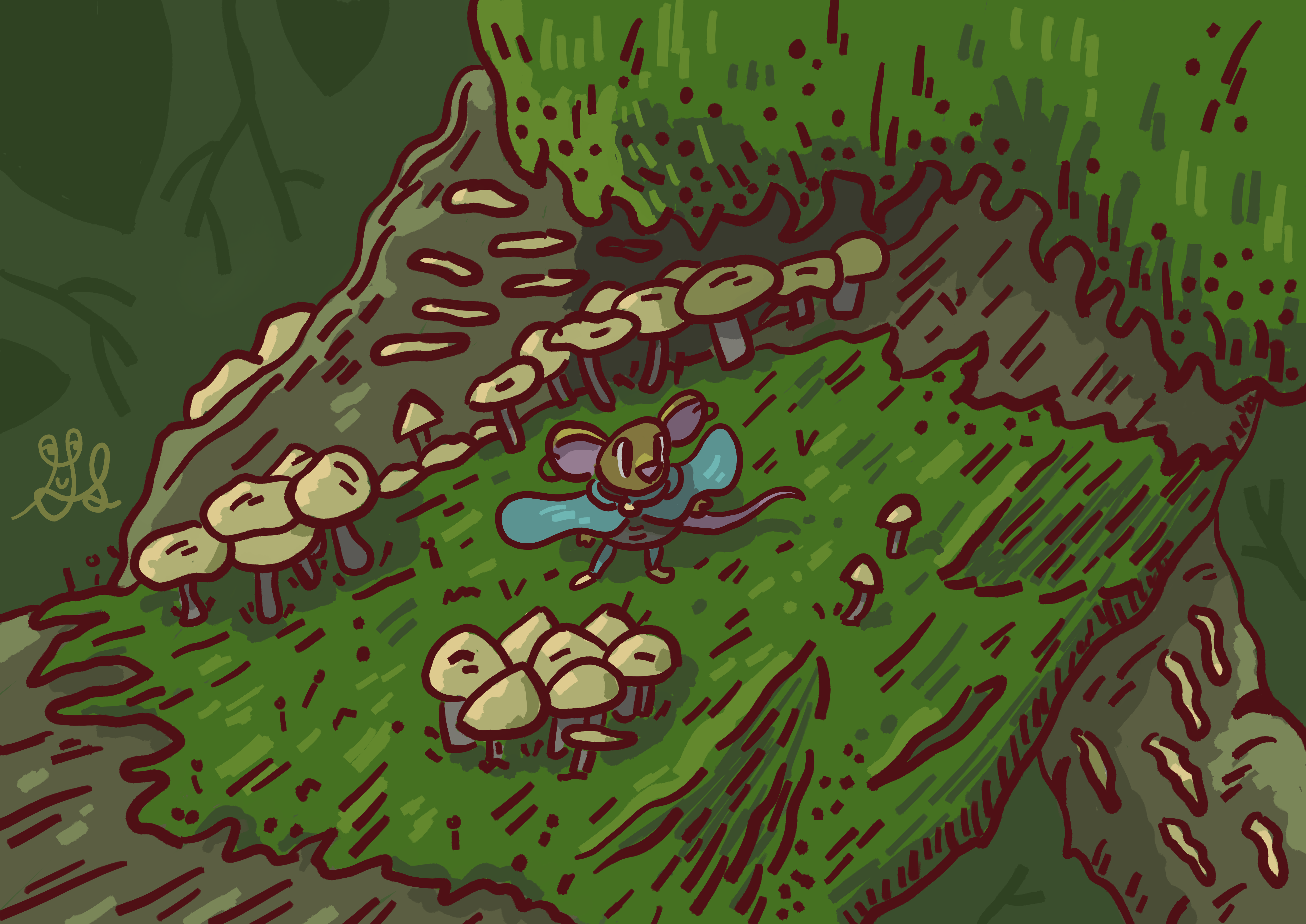A cloaked mouse exploring the woods. They're on a log with mushrooms and moss.