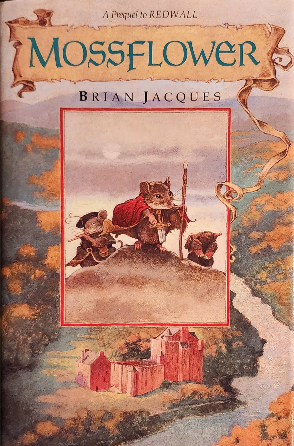 The Cover of The Mossflower Book it depicts castle Kotir and Martin the warrior mouse, Dinny the mole, and Gonff the mouse bard